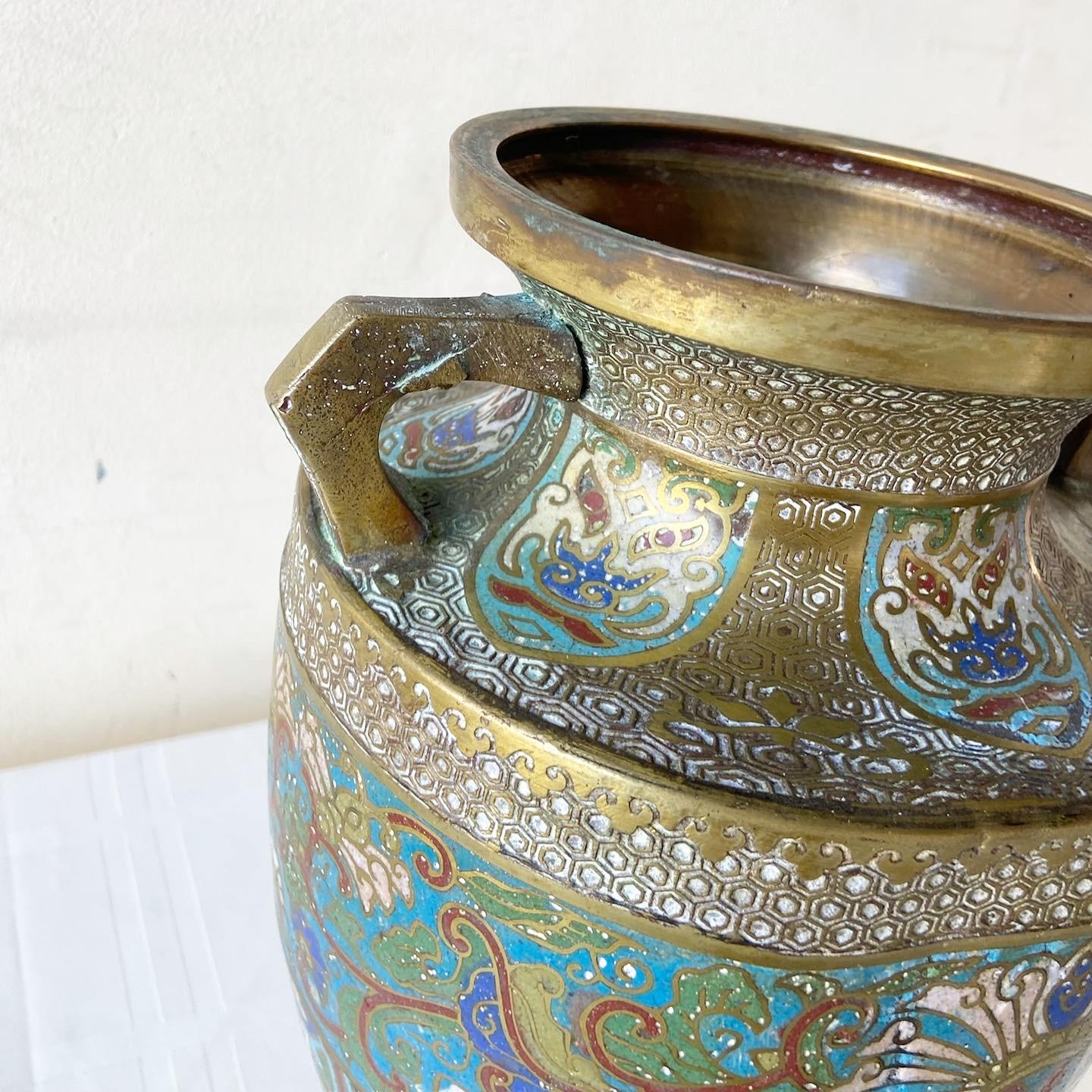Vintage Japanese Brass and Enameled Champleve Vase In Good Condition For Sale In Delray Beach, FL