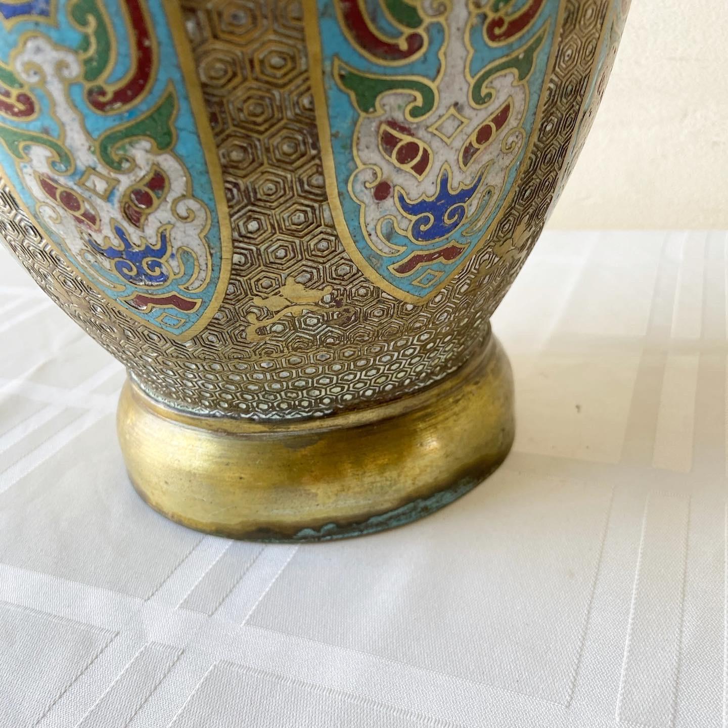 20th Century Vintage Japanese Brass and Enameled Champleve Vase For Sale