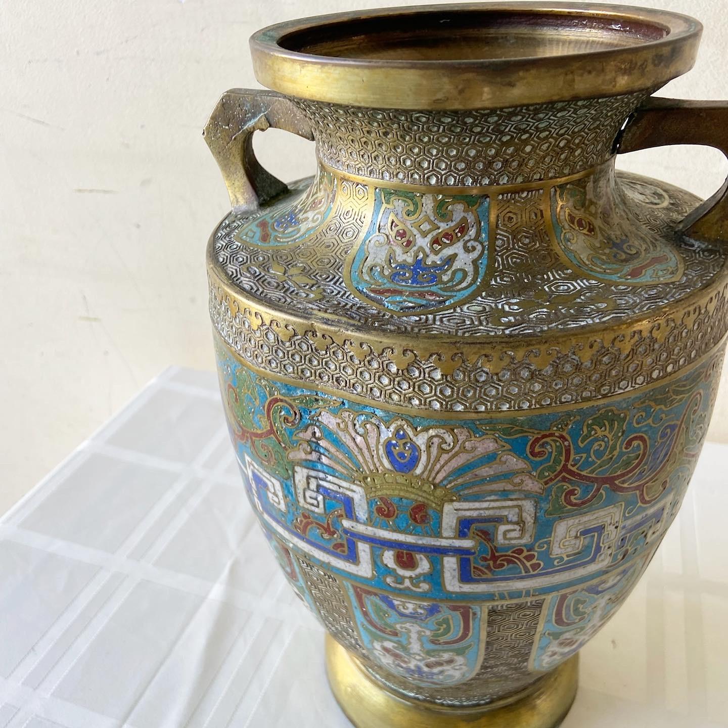 Vintage Japanese Brass and Enameled Champleve Vase For Sale 1