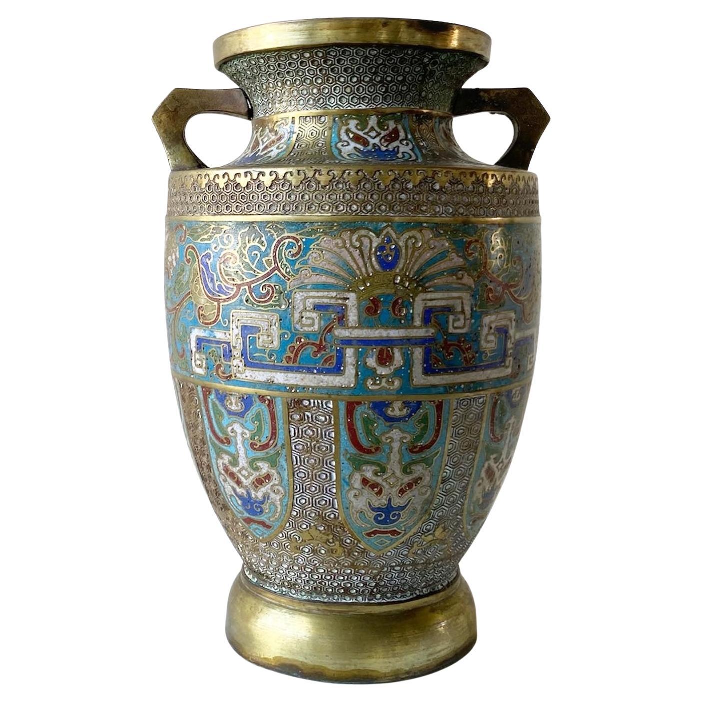 Vintage Japanese Brass and Enameled Champleve Vase For Sale
