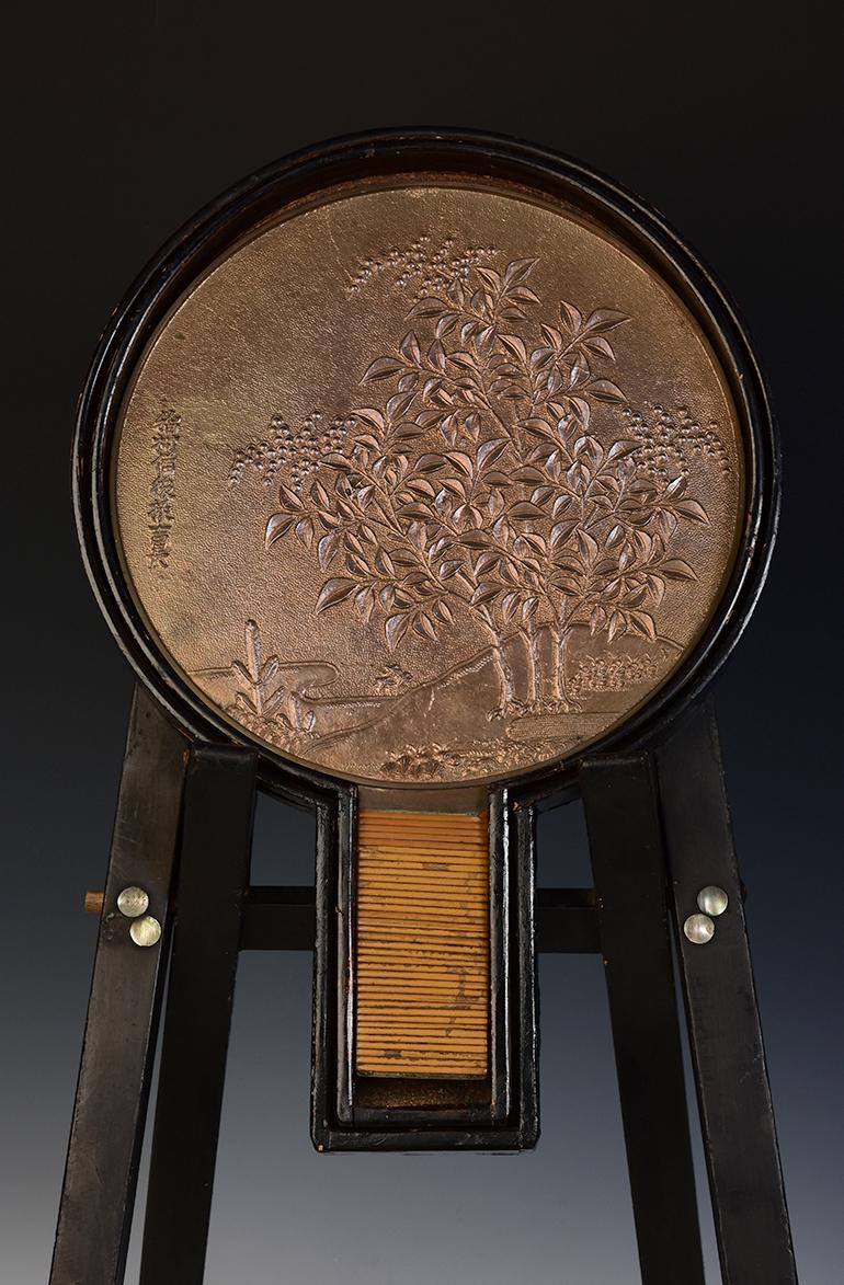 Hand-Carved Early 20th Century, Japanese Bronze Mirror with Wooden Case and Stand For Sale