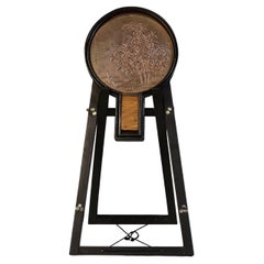Specchio giapponese in bronzo dell'inizio del XX secolo con custodia e supporto in legno