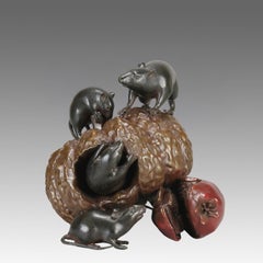 Early 20th Century Japanese Bronze "Rats Eating Pumpkin" Okimono by Itsumin