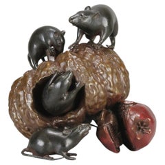 Early 20th Century Japanese Bronze "Rats Eating Pumpkin" Okimono by Itsumin