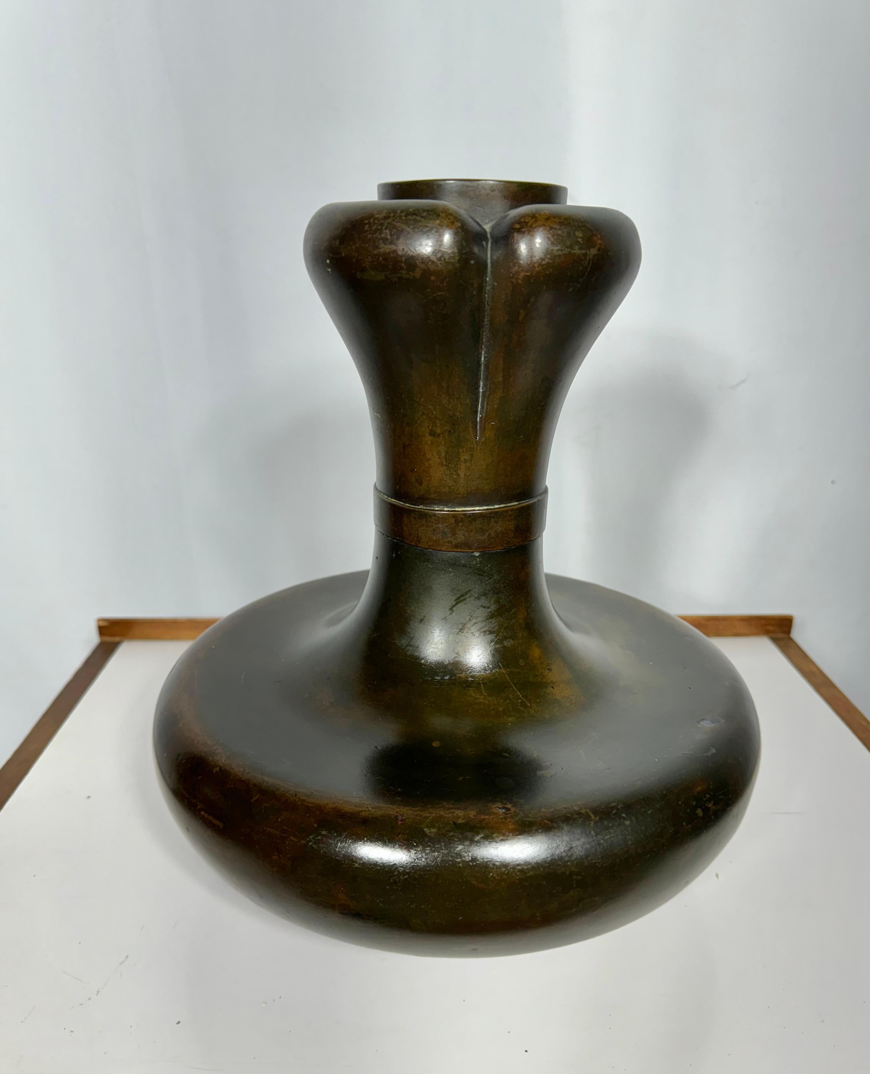 Early 20th Century Japanese Bronze Vase/ Vessel, Tiffany style form and patina 3