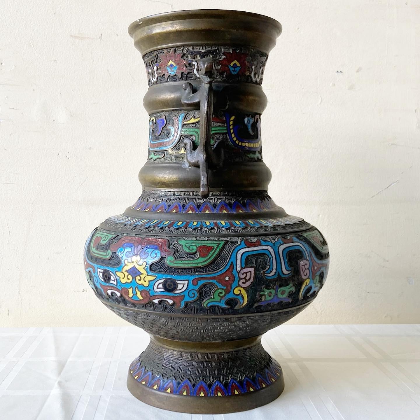 Japonisme Early 20th Century Japanese Champleve Brass Vase For Sale
