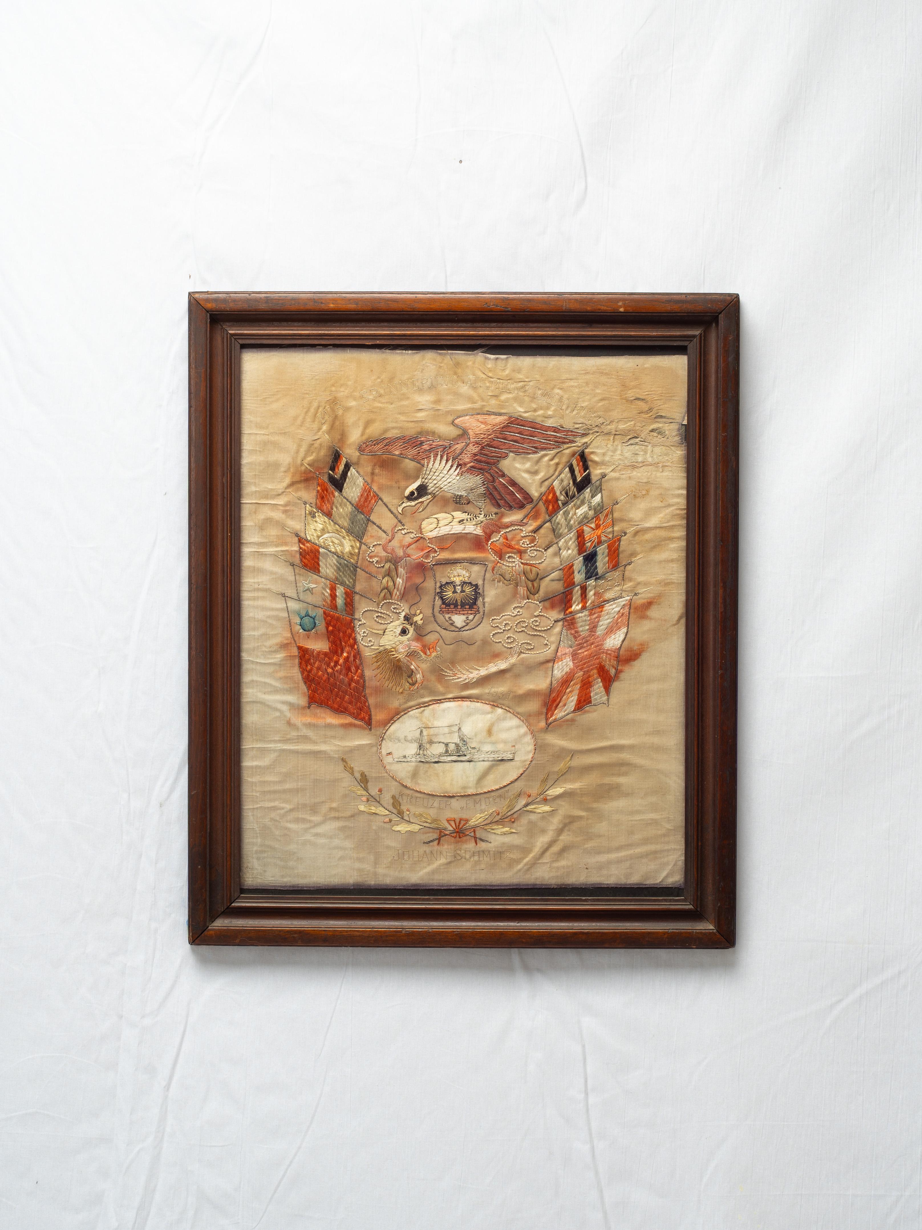 Beautiful and extraordinarily rare 5400early 20th Century hand embroidered panel, commissioned to a Japanese artisan for a European sailor to document his travels in the navy. The panel depicts flags from all of the countries his vessel passed