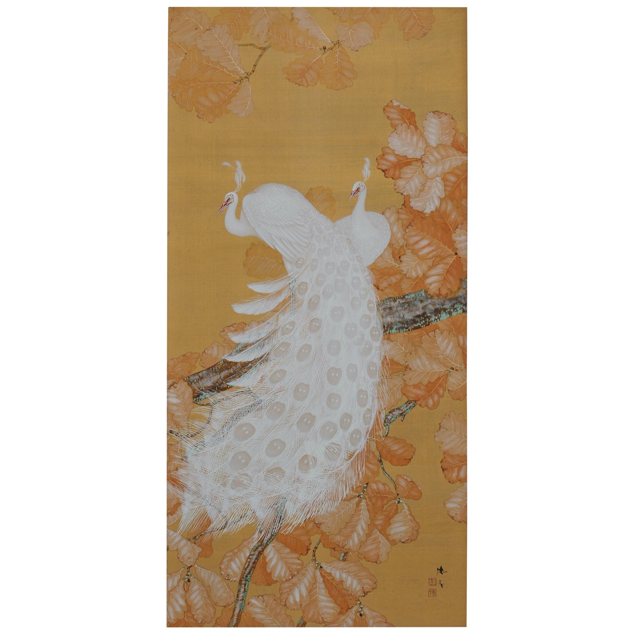 Early 20th Century Japanese Framed Painting, White Peacocks on Silk and Gold For Sale