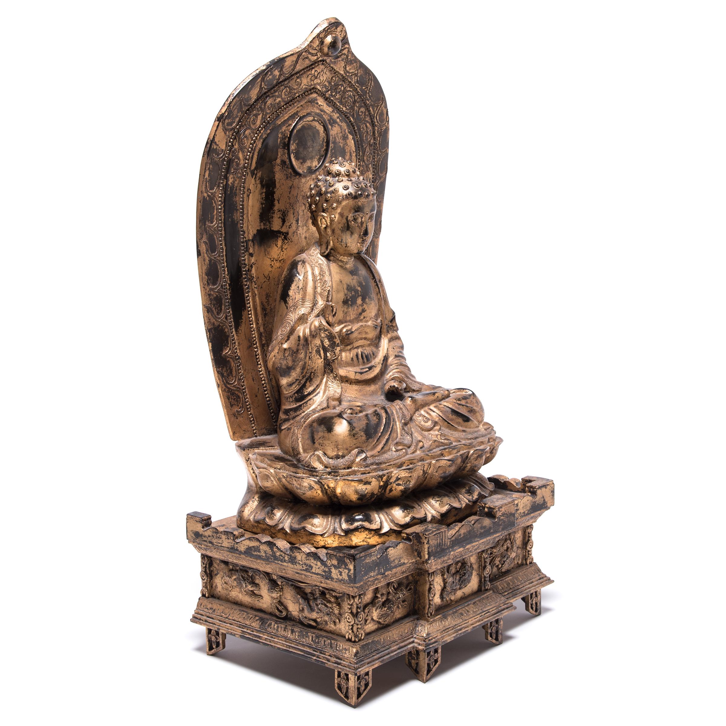 Hand-Carved Early 20th Century Japanese Gilt Sakyamuni Buddha with Stele