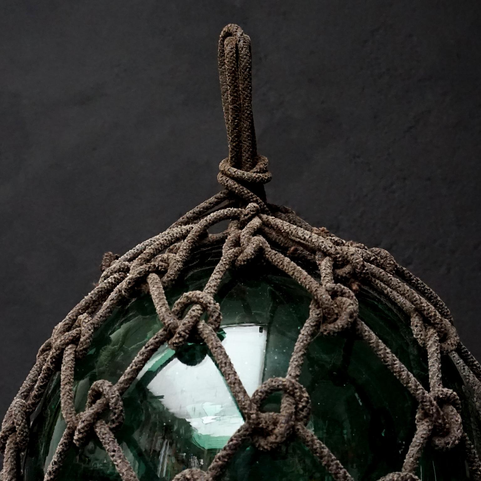 Early 20th Century Japanese Green Glass Fishing Float in Tied Knotted Ropes 4