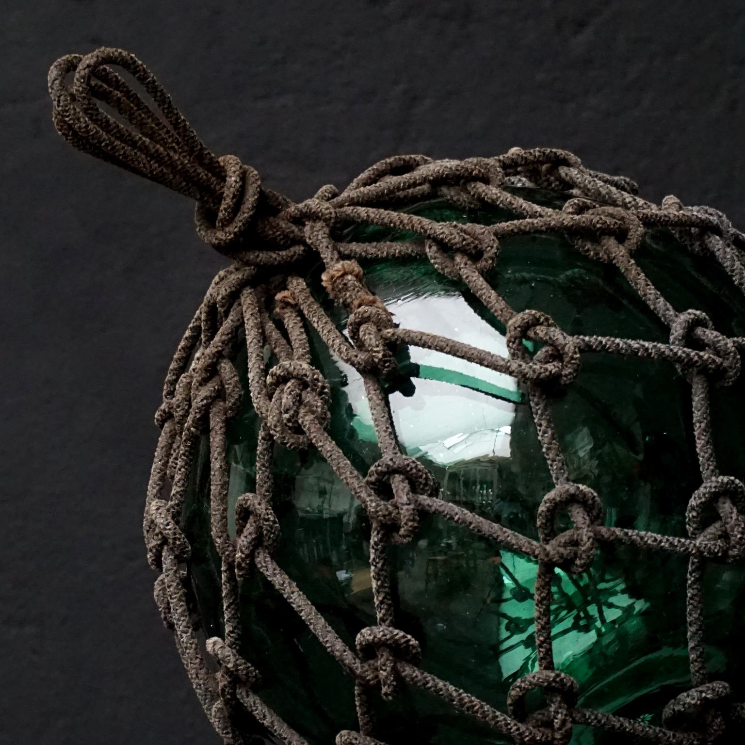 Early 20th Century Japanese Green Glass Fishing Float in Tied Knotted Ropes 5