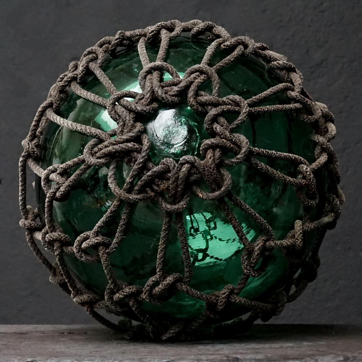 Early 20th Century Japanese Green Glass Fishing Float in Tied Knotted Ropes 2