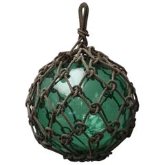 Used Early 20th Century Japanese Green Glass Fishing Float in Tied Knotted Ropes