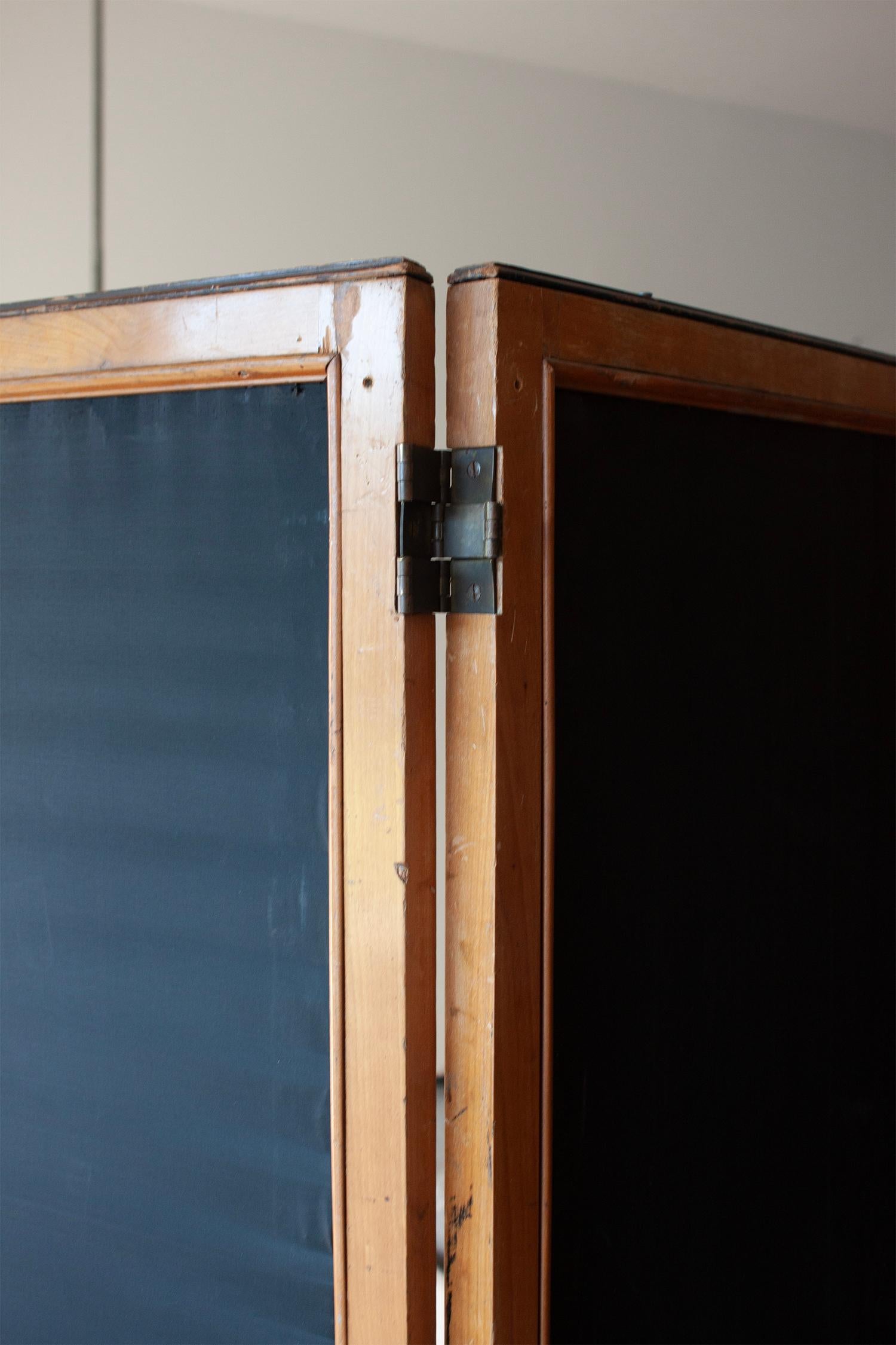 This beautifully crafted folding screen (paravan) with a classic and elegant design, featuring three panels connected by hinges.

The dark almost black fabric is decorated with intricate embroidered motifs that include:
Floral Patterns, branches