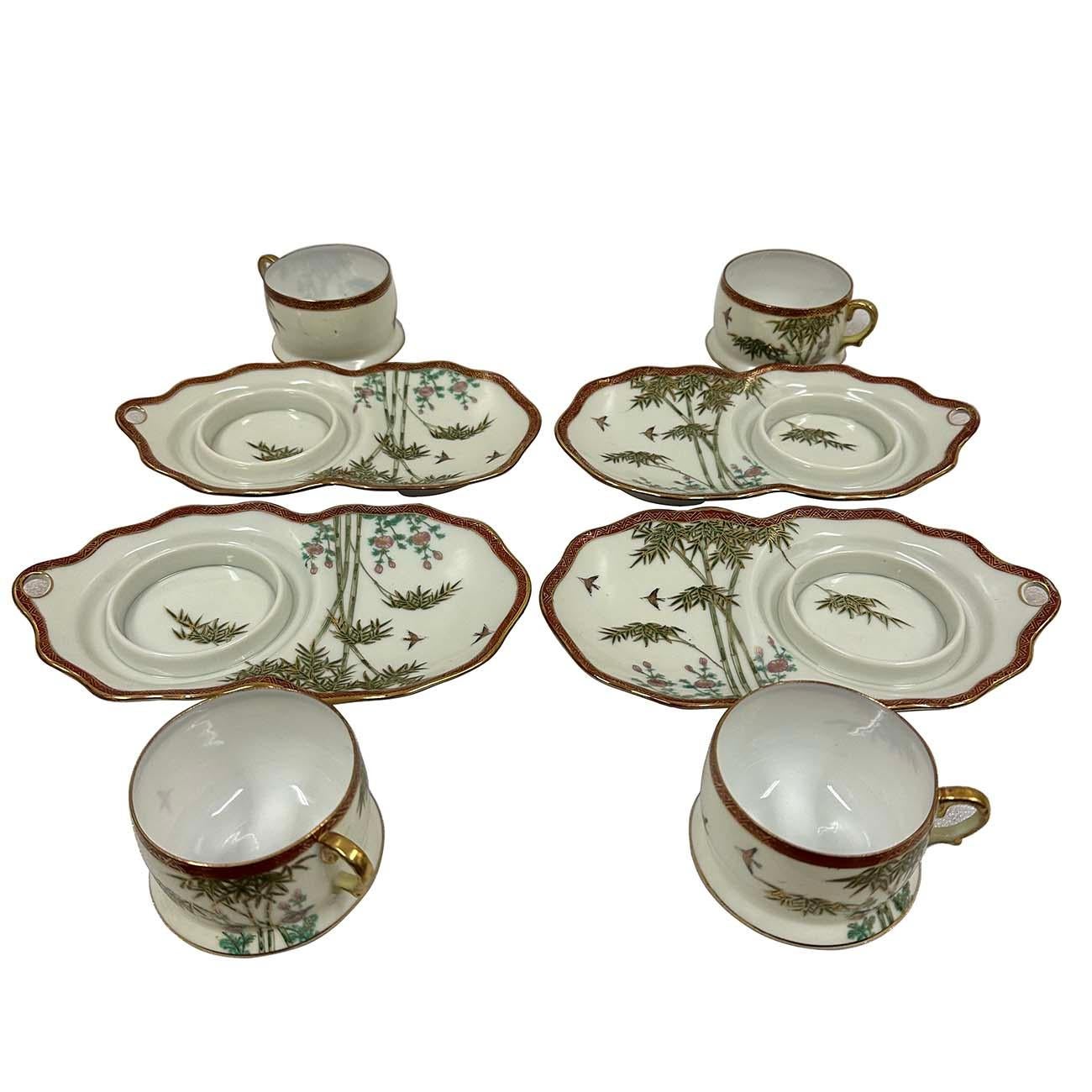 Early 20th Century Japanese Kutani Egg shell Tea cup and snack plates set 4