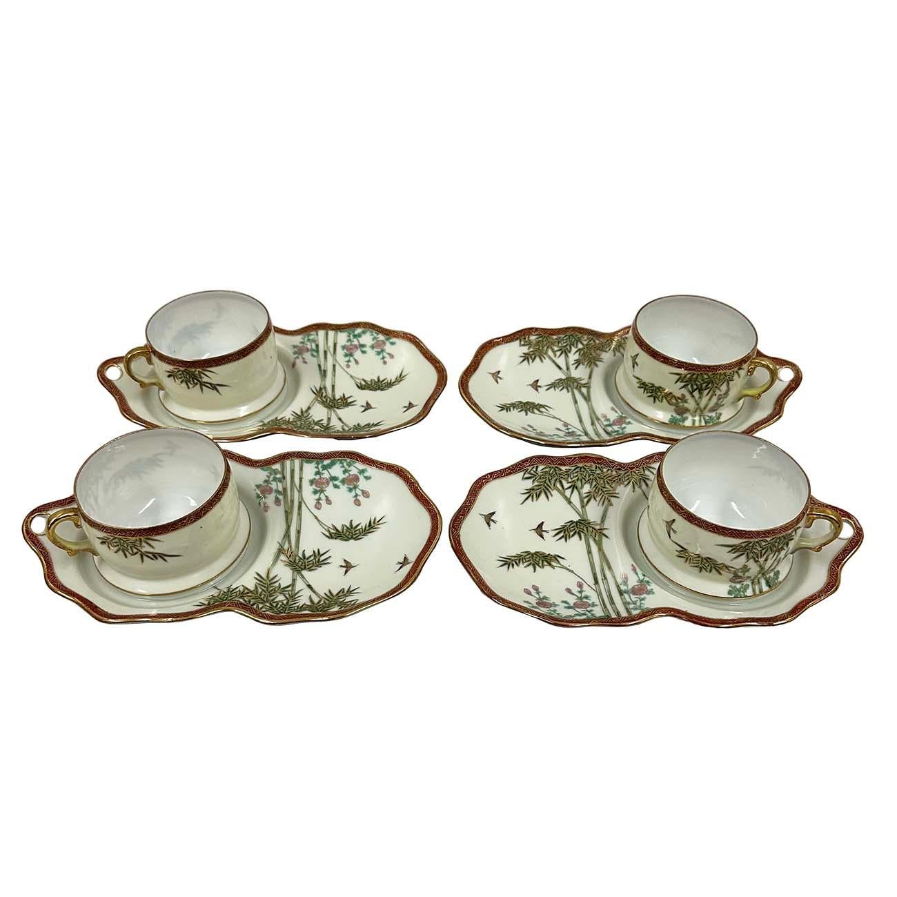 Early 20th Century Japanese Kutani Egg shell Tea cup and snack plates set 5