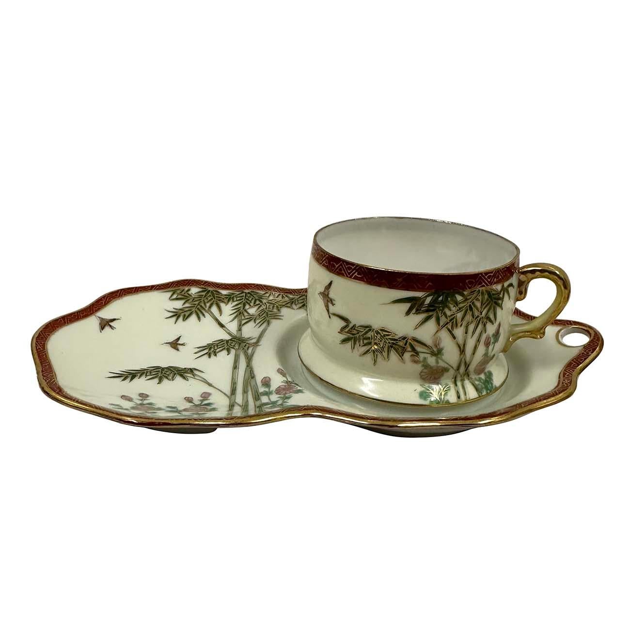 Anglo-Japanese Early 20th Century Japanese Kutani Egg shell Tea cup and snack plates set