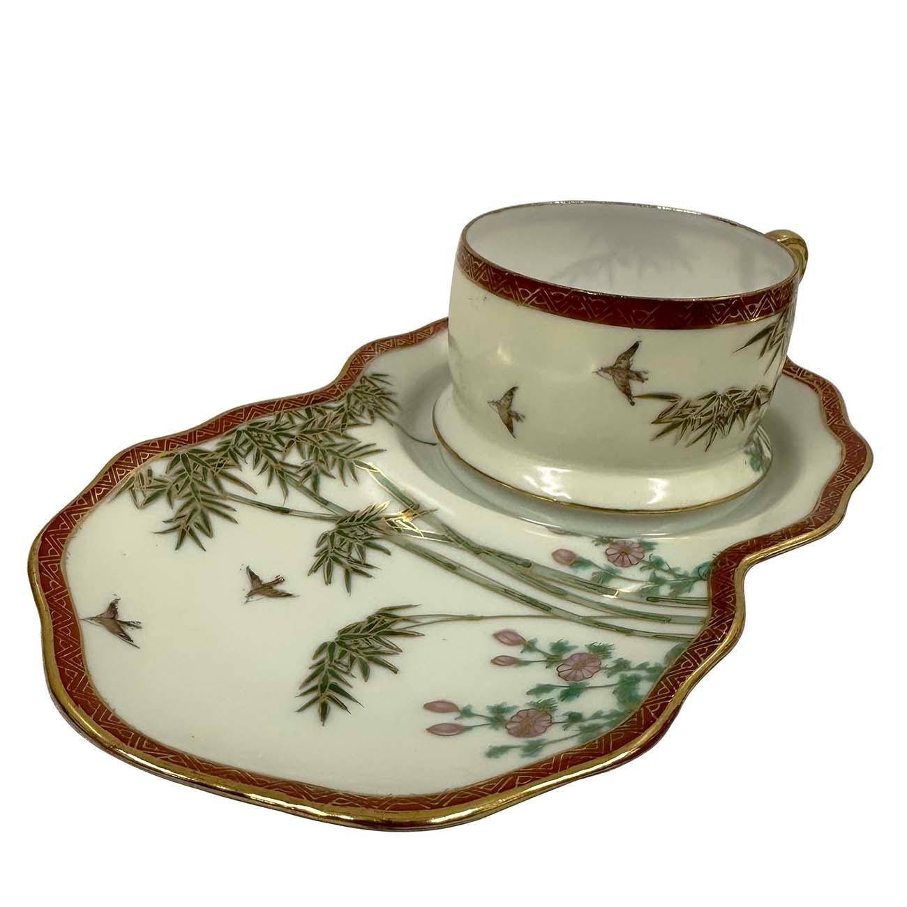Hand-Painted Early 20th Century Japanese Kutani Egg shell Tea cup and snack plates set