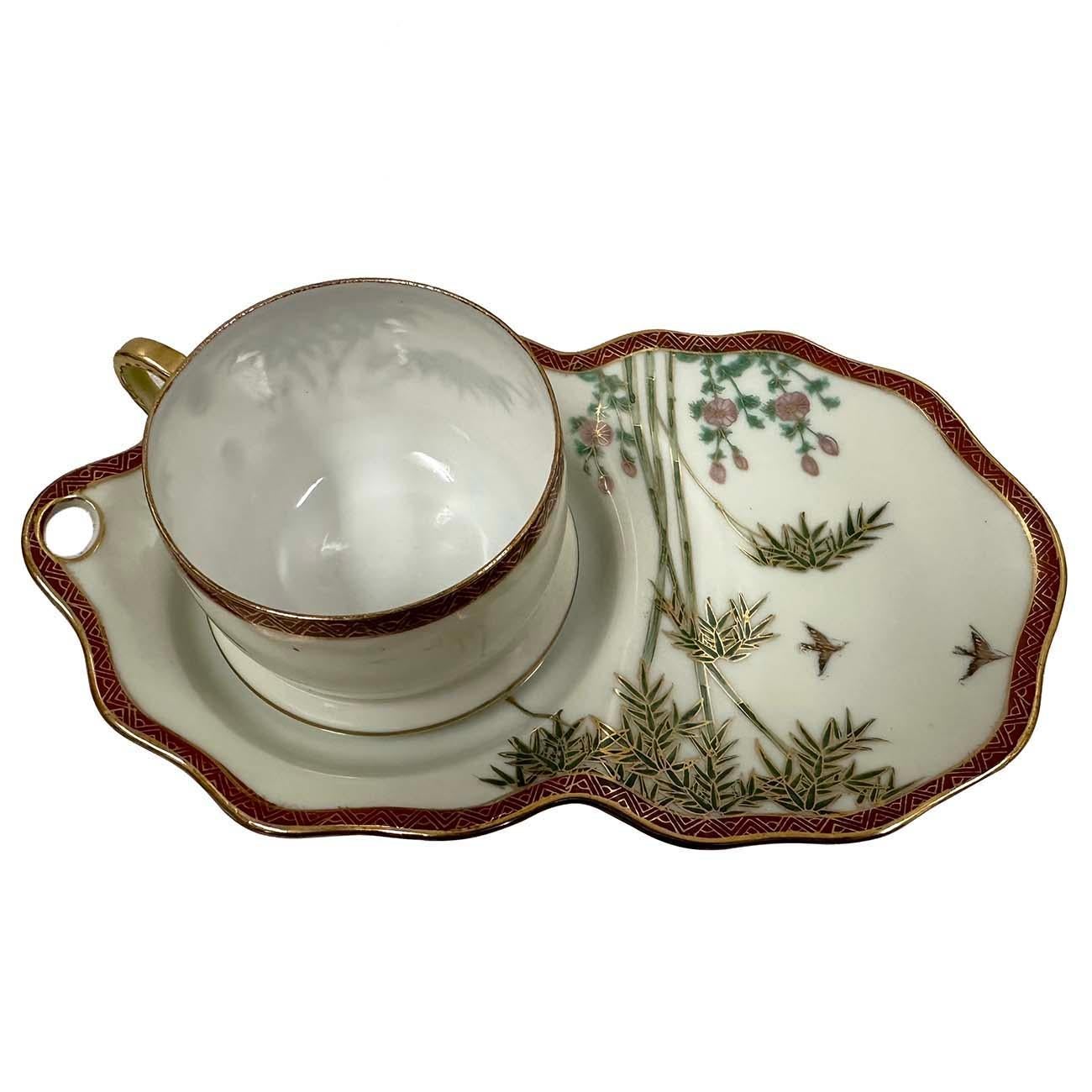 Porcelain Early 20th Century Japanese Kutani Egg shell Tea cup and snack plates set