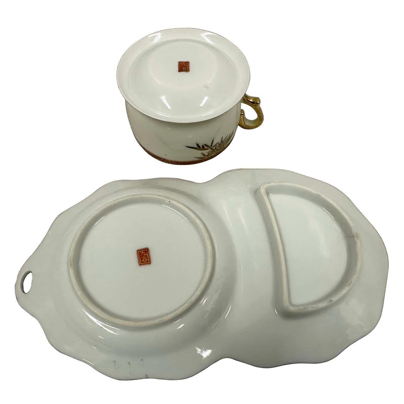 Early 20th Century Japanese Kutani Egg shell Tea cup and snack plates set 2