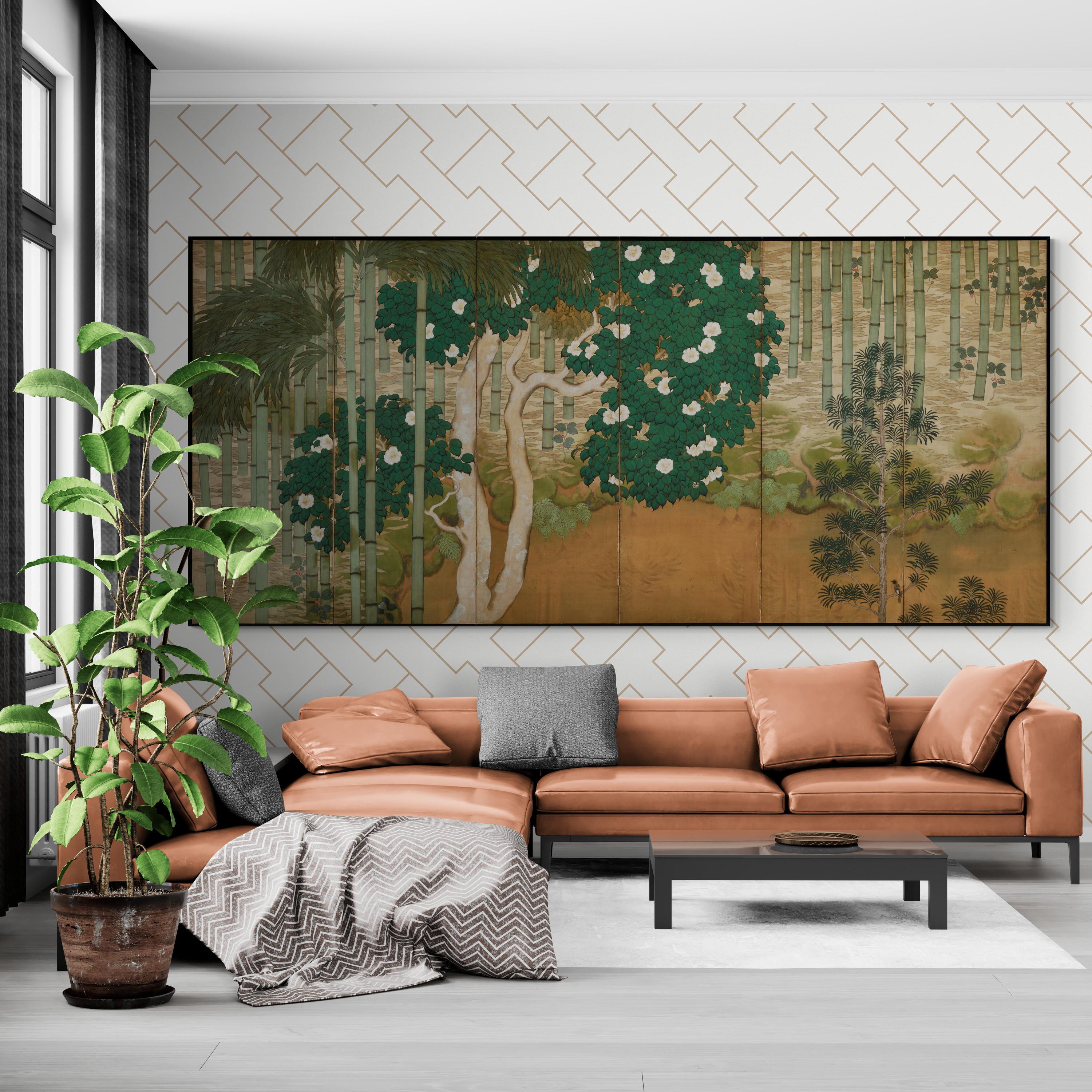 Anonymous
Bamboo Forest
Early Taisho era. Circa 1910-1915.
Six-panel Japanese Screen. Mineral pigment, gofun and ink on silk.

A six-panel Japanese folding screen, painted on silk in mineral pigments, gofun or clam shell gesso, and sumi ink. It is