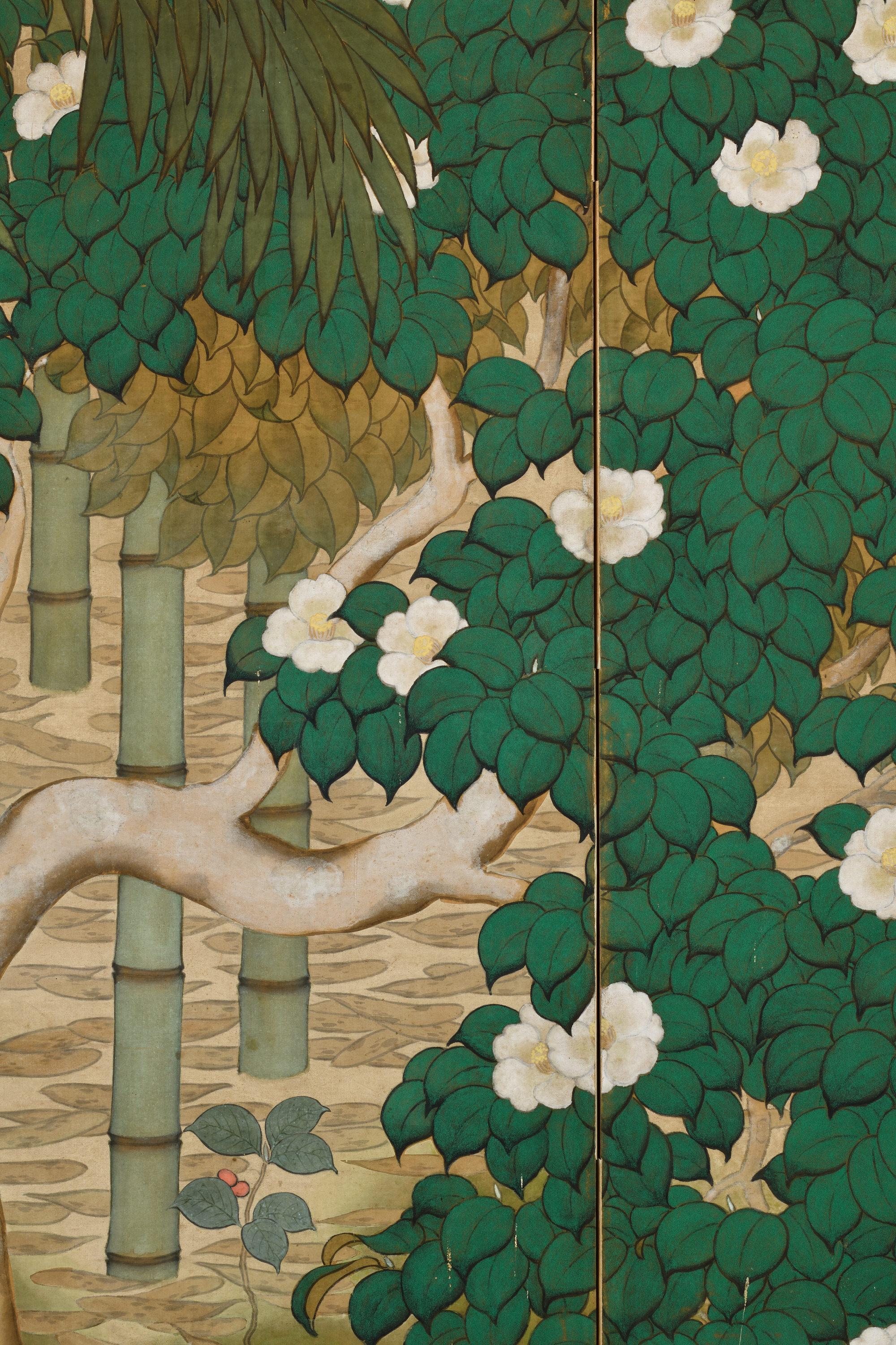 Hand-Painted Early 20th Century Japanese Nihonga Screen. Bamboo Forest. For Sale