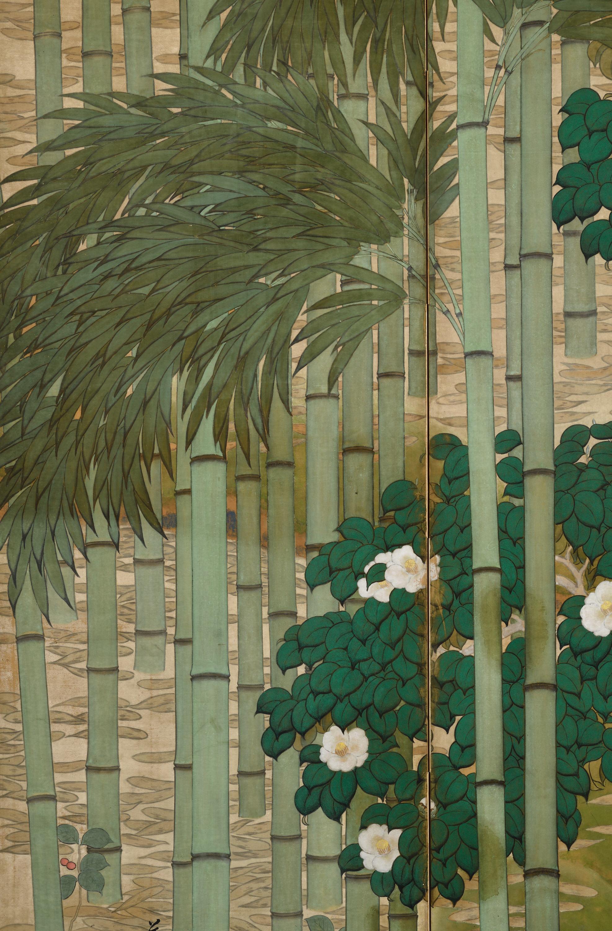 Silk Early 20th Century Japanese Nihonga Screen. Bamboo Forest. For Sale