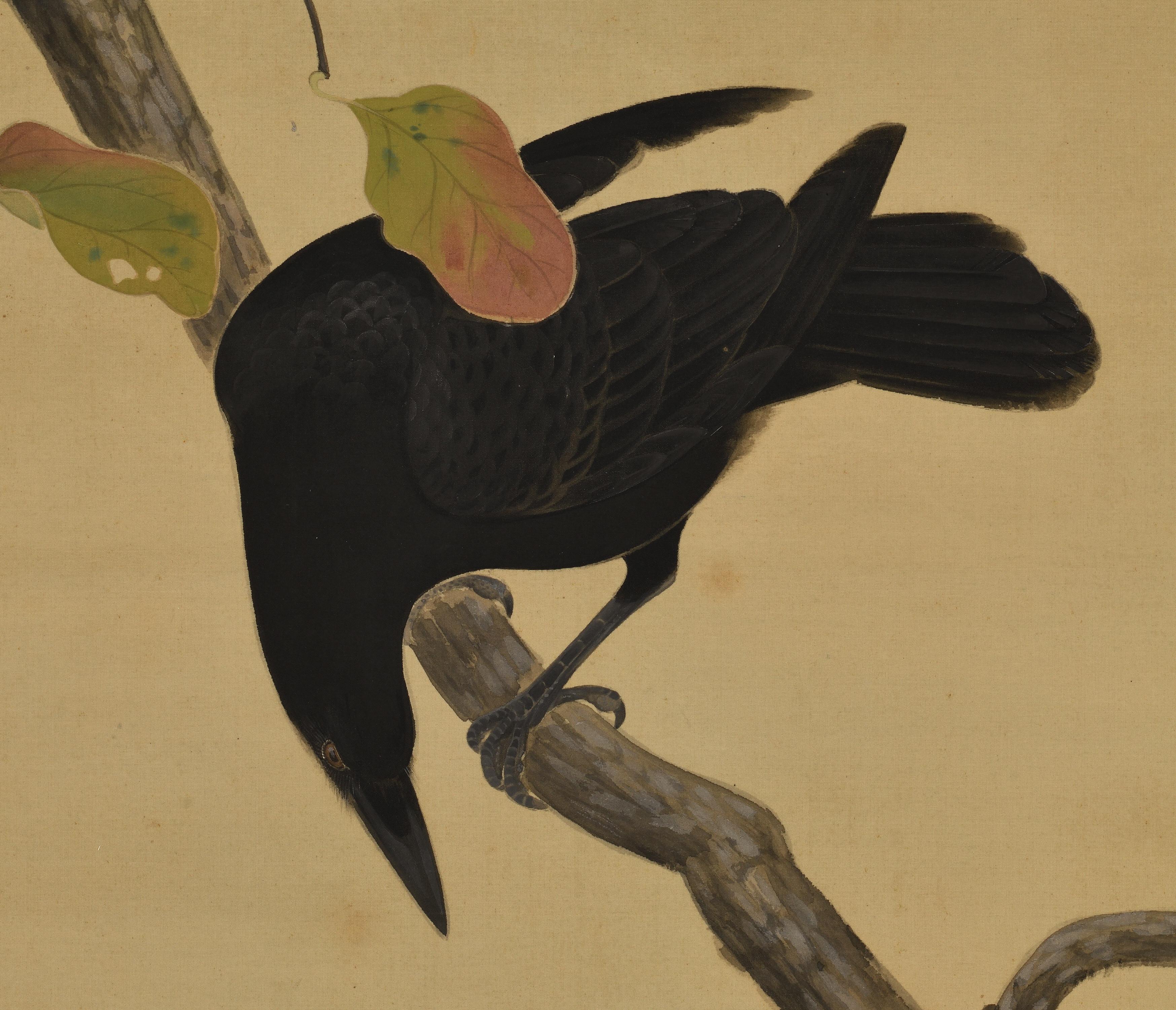 Japonais Scroll Nihonga japonais du début du 20e siècle. Crow & Persimmon en vente