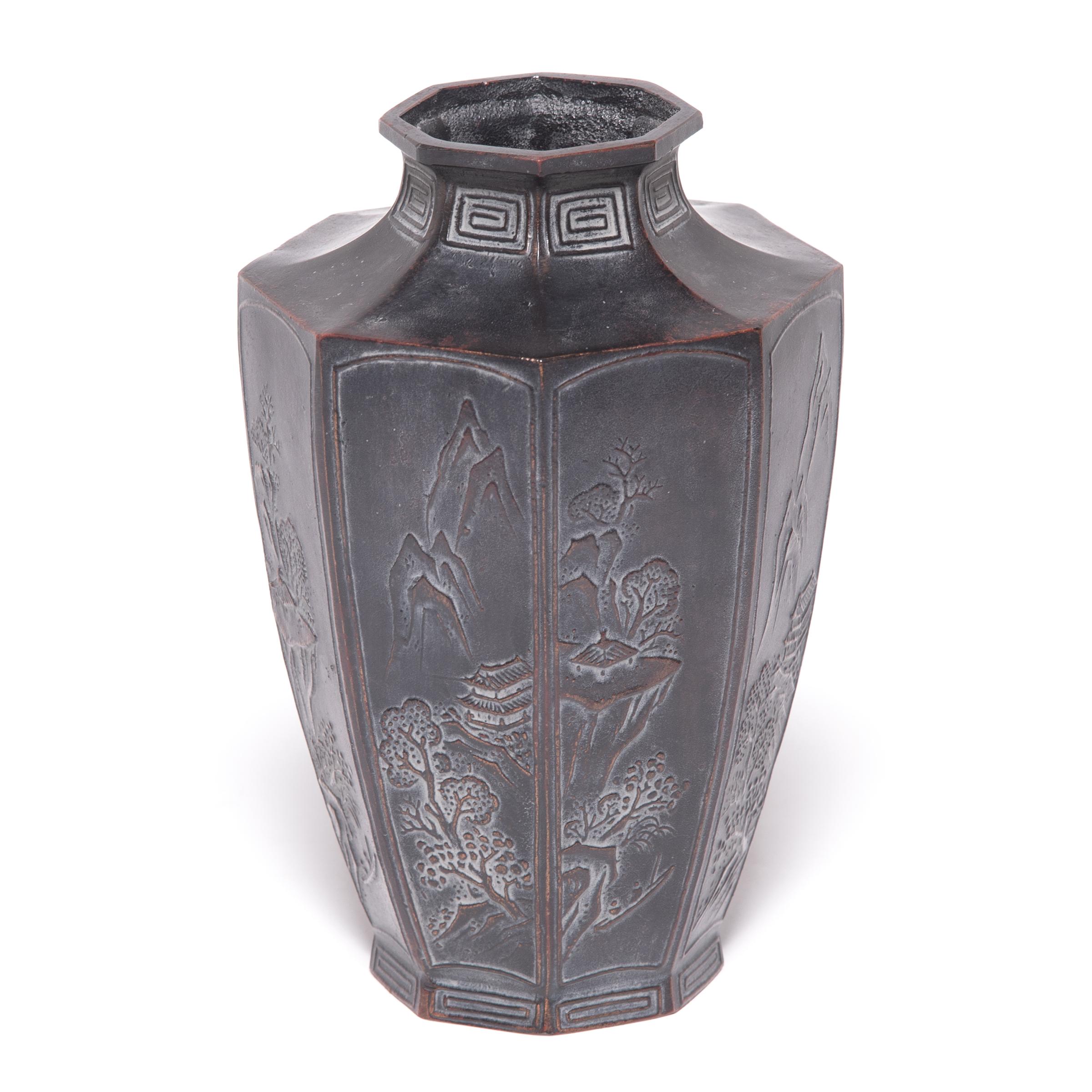 Meiji Early 20th Century Japanese Octagonal Zinc Vase