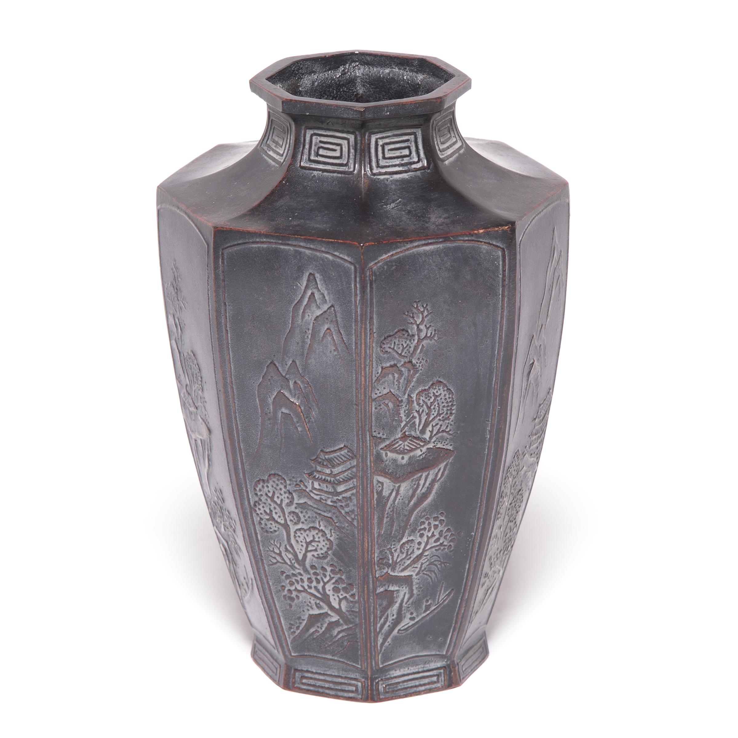 Cast Early 20th Century Japanese Octagonal Zinc Vase