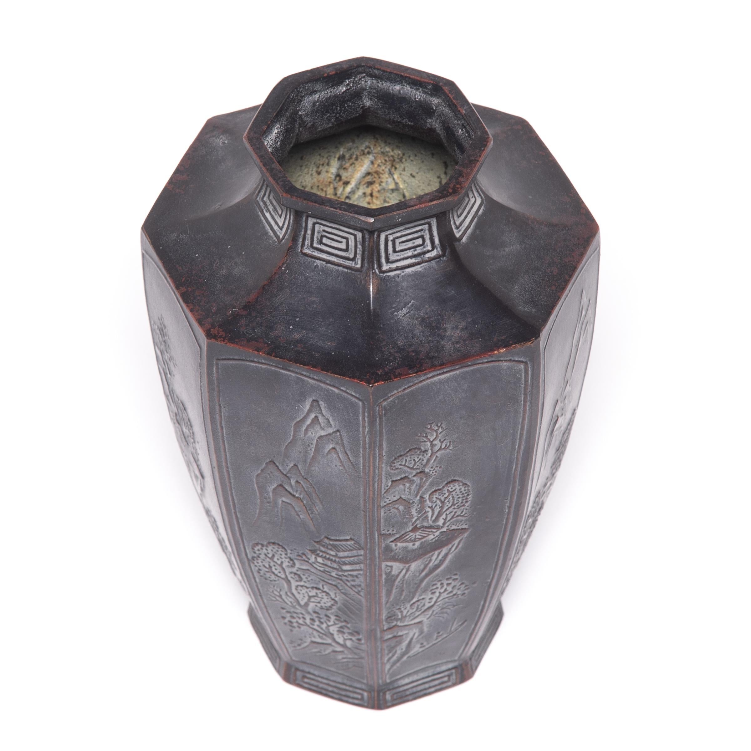 Early 20th Century Japanese Octagonal Zinc Vase In Good Condition In Chicago, IL