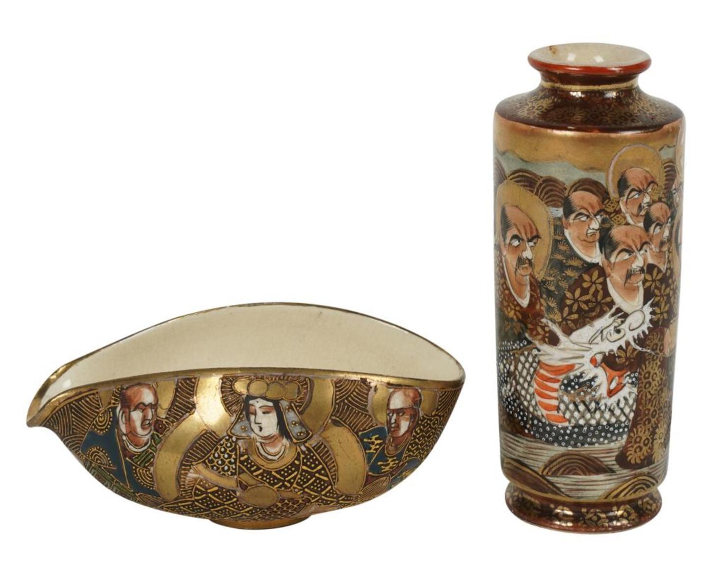 There are two Satsuma Canton Vases with cartouches and rouleau shapes, each featuring one panel of figures. Additionally, there is a uniquely shaped Satsuma bowl.

Vase: 5 x 2 in. (12.7 x 5.1 cm.)
Bowl: 2 x 4 1/2 x 3 in. (5.1 x 11.4 x 7.6 cm.)

Good