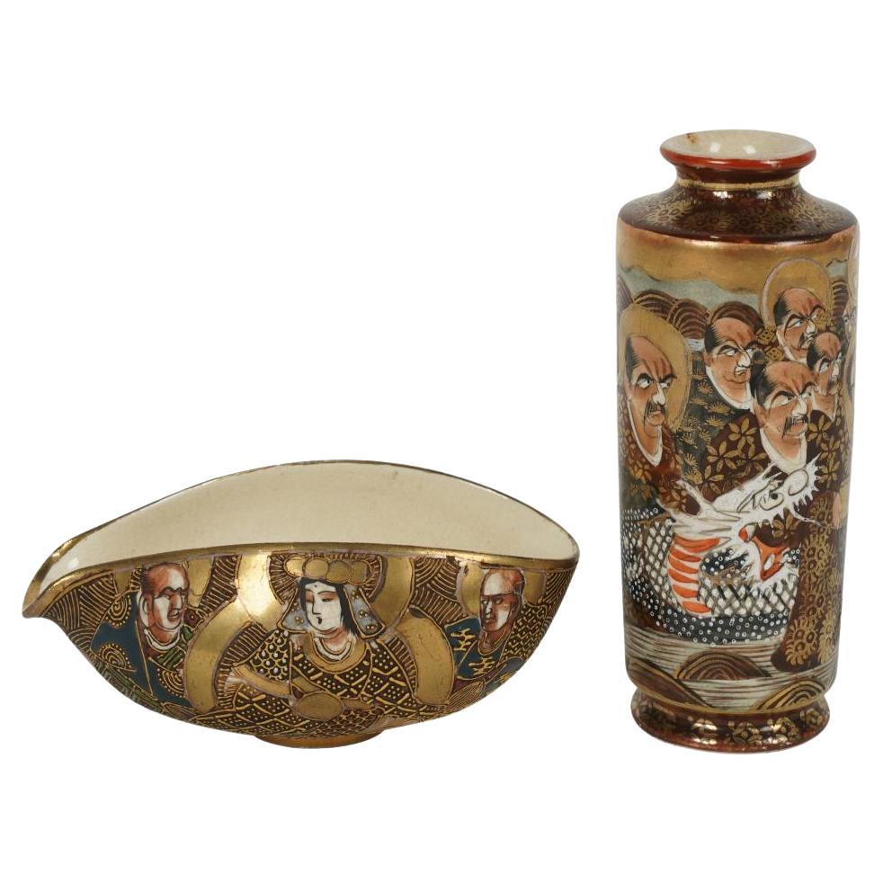 Japanische Satsuma-Schrankvase und Schalen-Set aus dem frühen 20. Jahrhundert, markiert