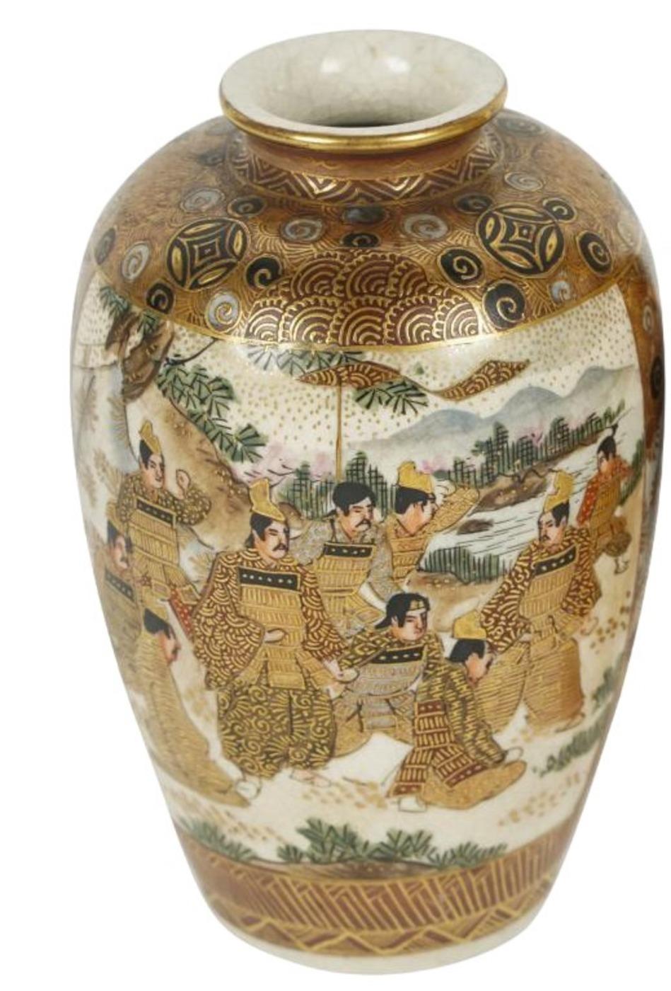 This exquisite Satsuma vase is a perfect addition to any collector's treasure trove. With panels of intricately detailed figures and a beautiful decorative lattice border, this 20th-century vase is a true work of art. Don't miss your chance to own a