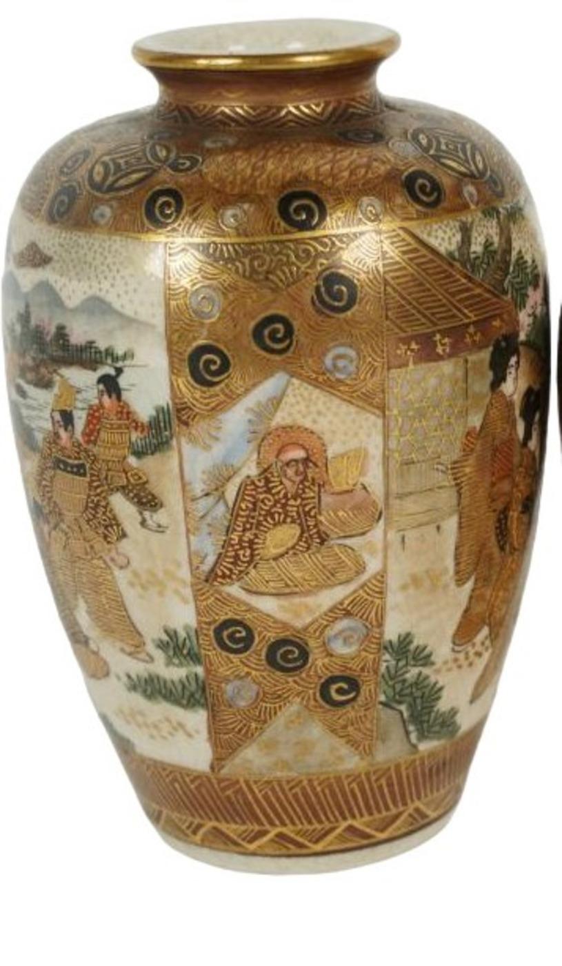 Meiji Early 20th Century Japanese Satsuma Pottery Gilded Vase, Marked For Sale
