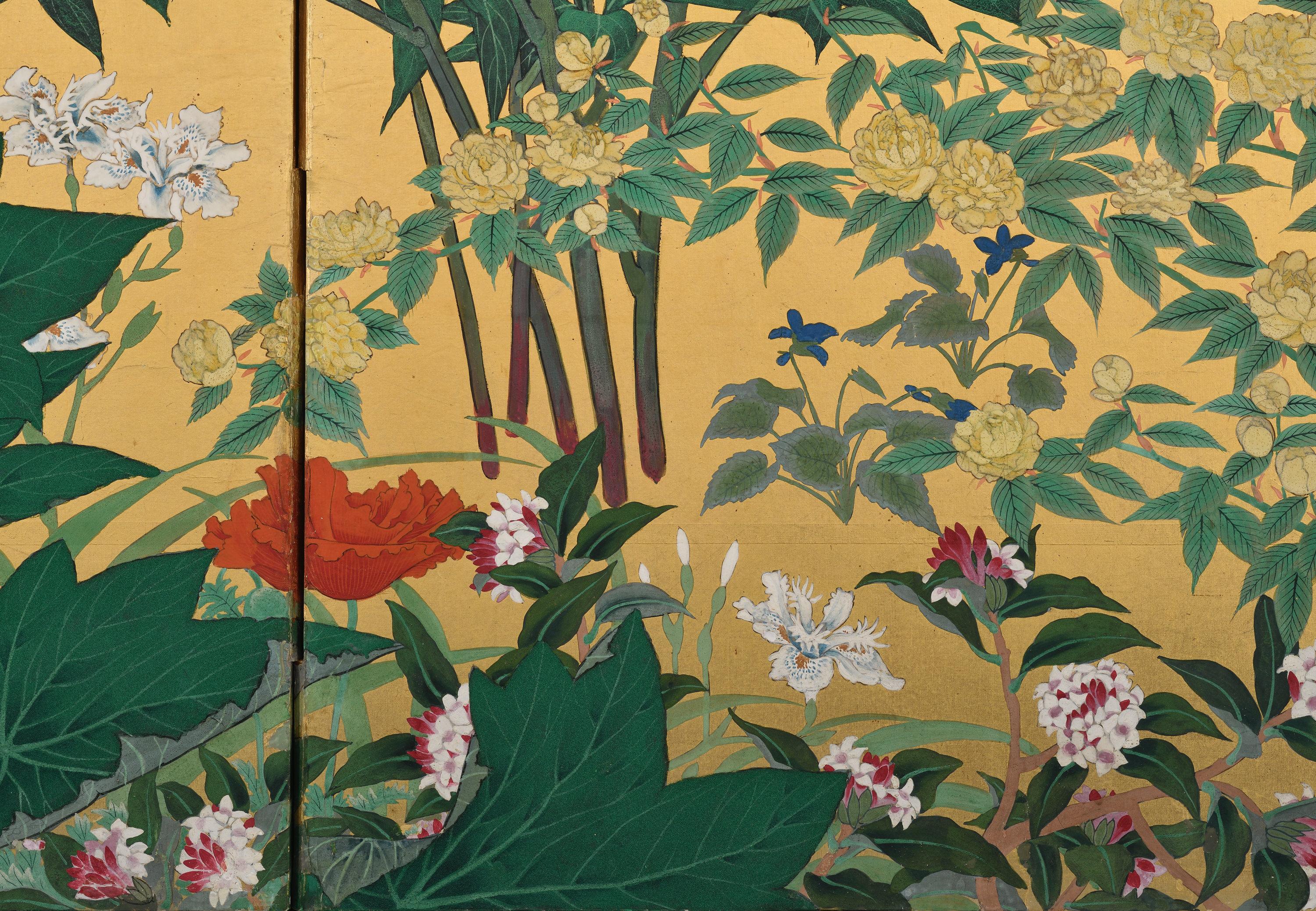 Anonymous
Flowers of the Four Seasons
A four-panel Japanese screen. Ink, gofun and pigments on gold leaf.
 
This Japanese screen is a rich visual celebration of the flowers of the four seasons, a theme deeply rooted in Japanese aesthetics and