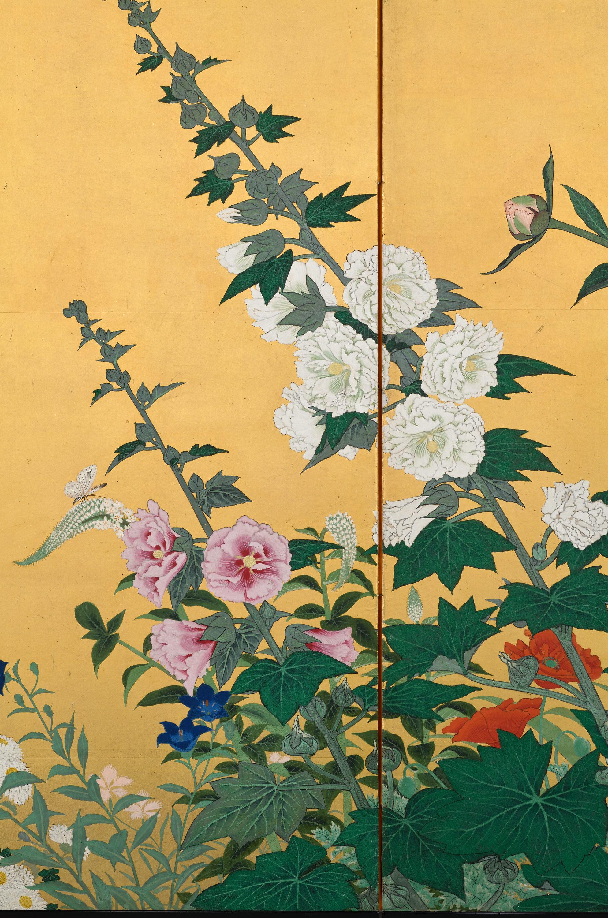 Taisho Early 20th Century Japanese Screen. Flowers of the Four Seasons. For Sale
