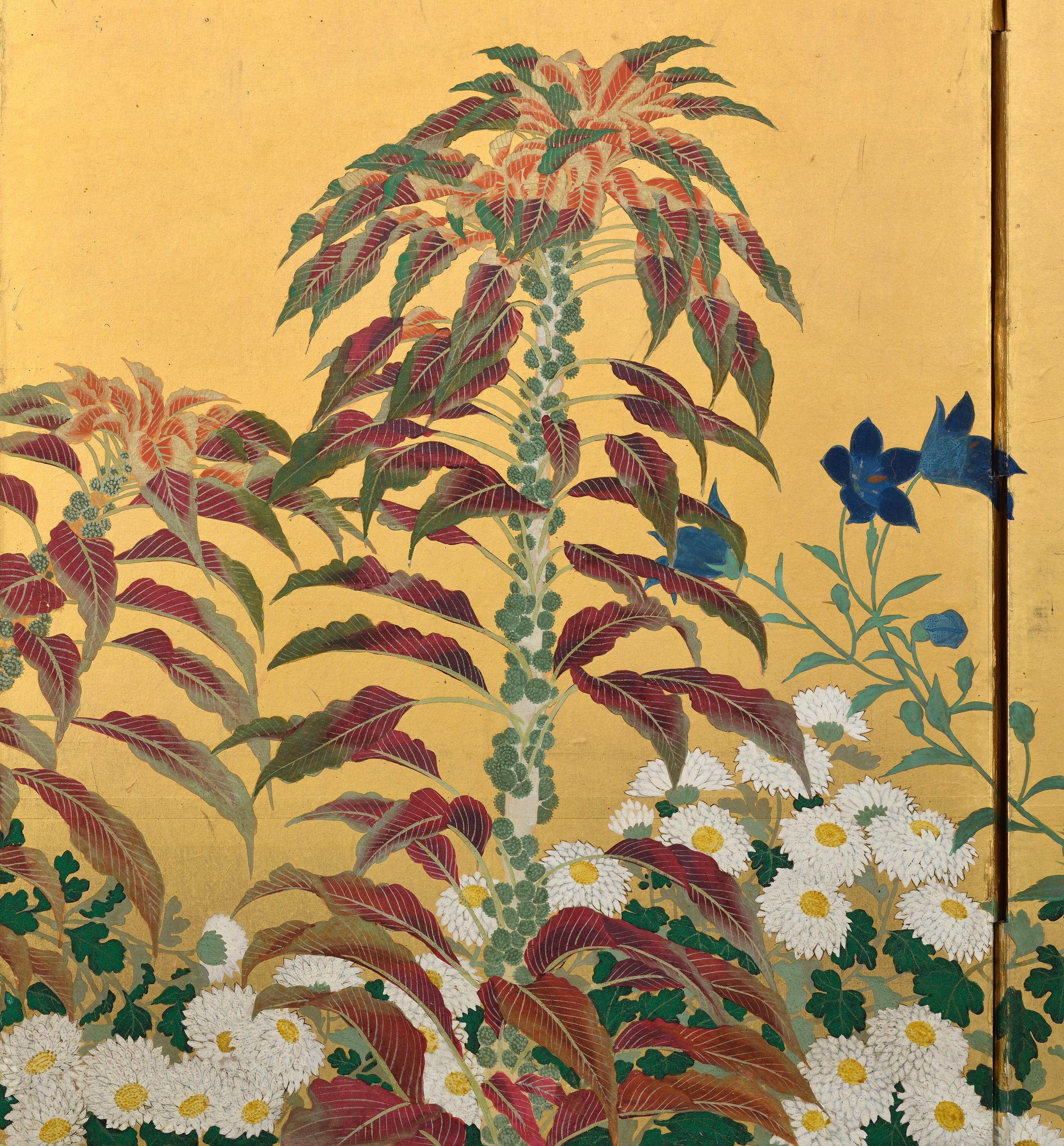 Hand-Painted Early 20th Century Japanese Screen. Flowers of the Four Seasons. For Sale