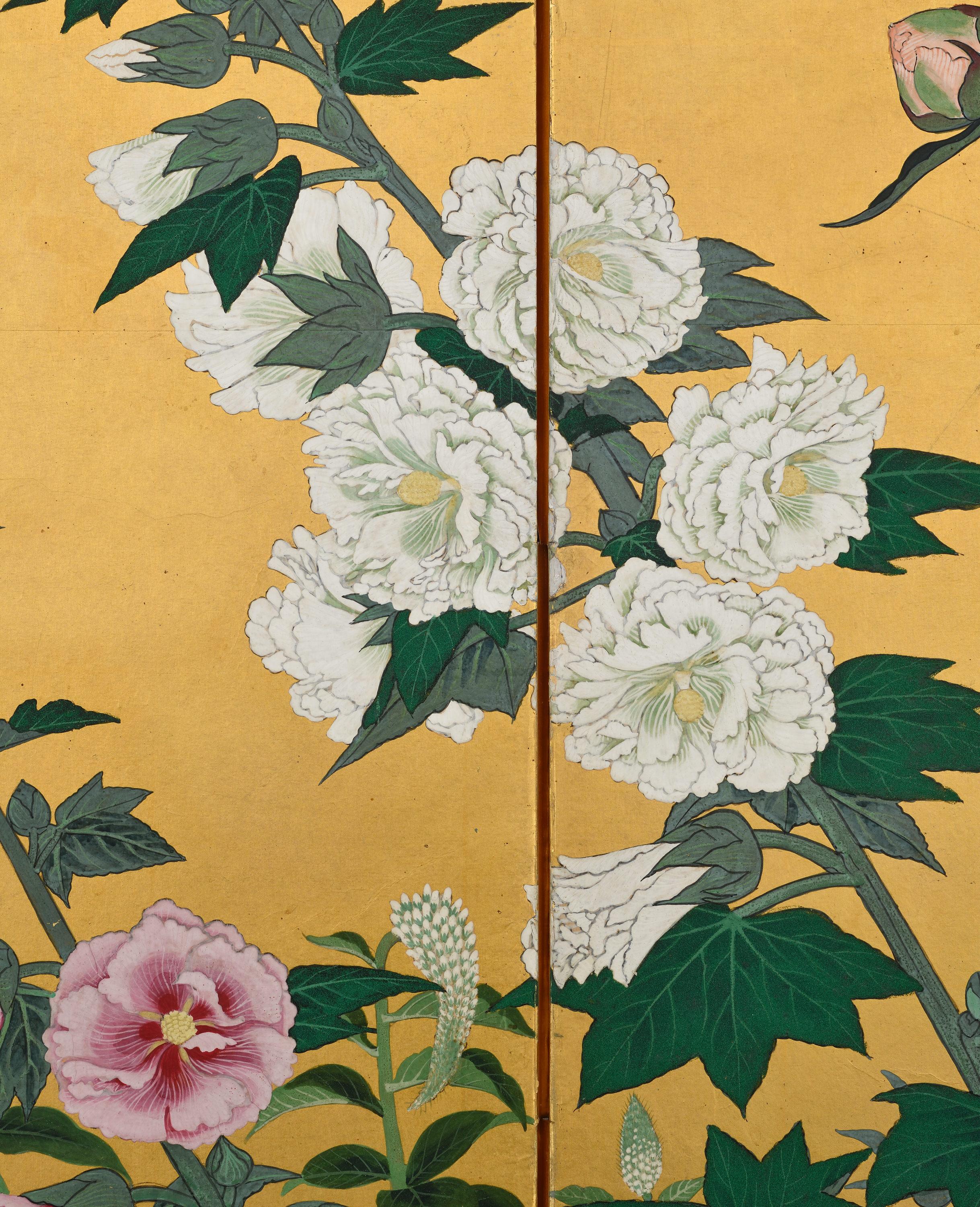 Early 20th Century Japanese Screen. Flowers of the Four Seasons. In Good Condition For Sale In Kyoto, JP