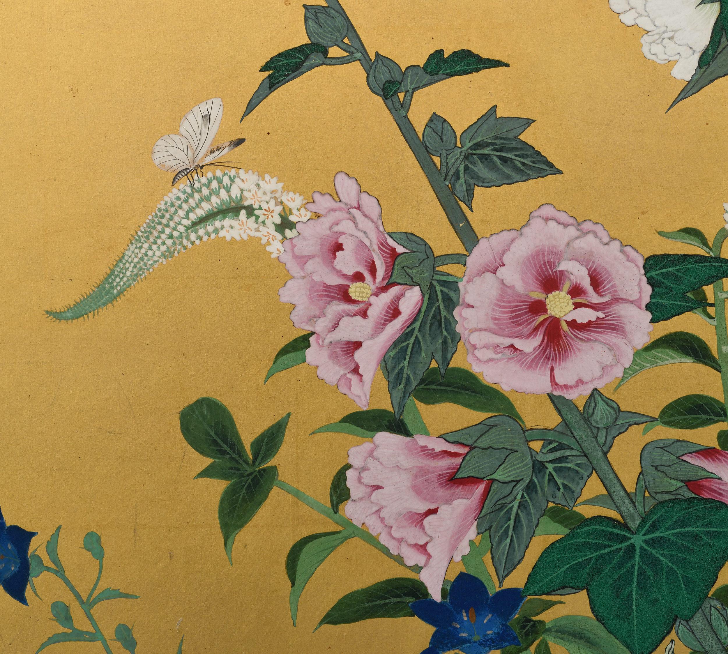Gold Leaf Early 20th Century Japanese Screen. Flowers of the Four Seasons. For Sale