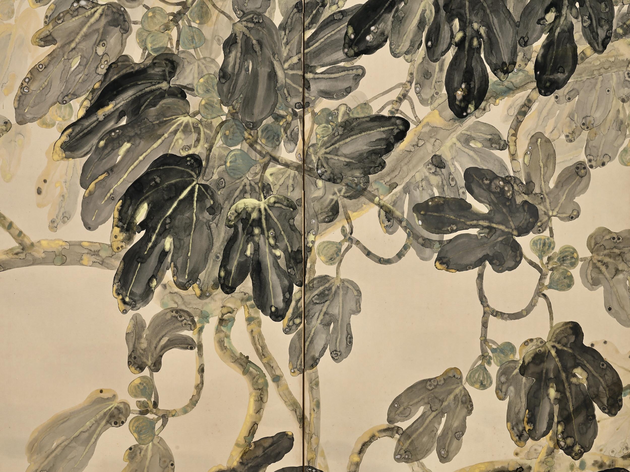 Early 20th Century Japanese Screen Pair, Fig Trees by Hiroe Kashu 'B.1890' For Sale 2