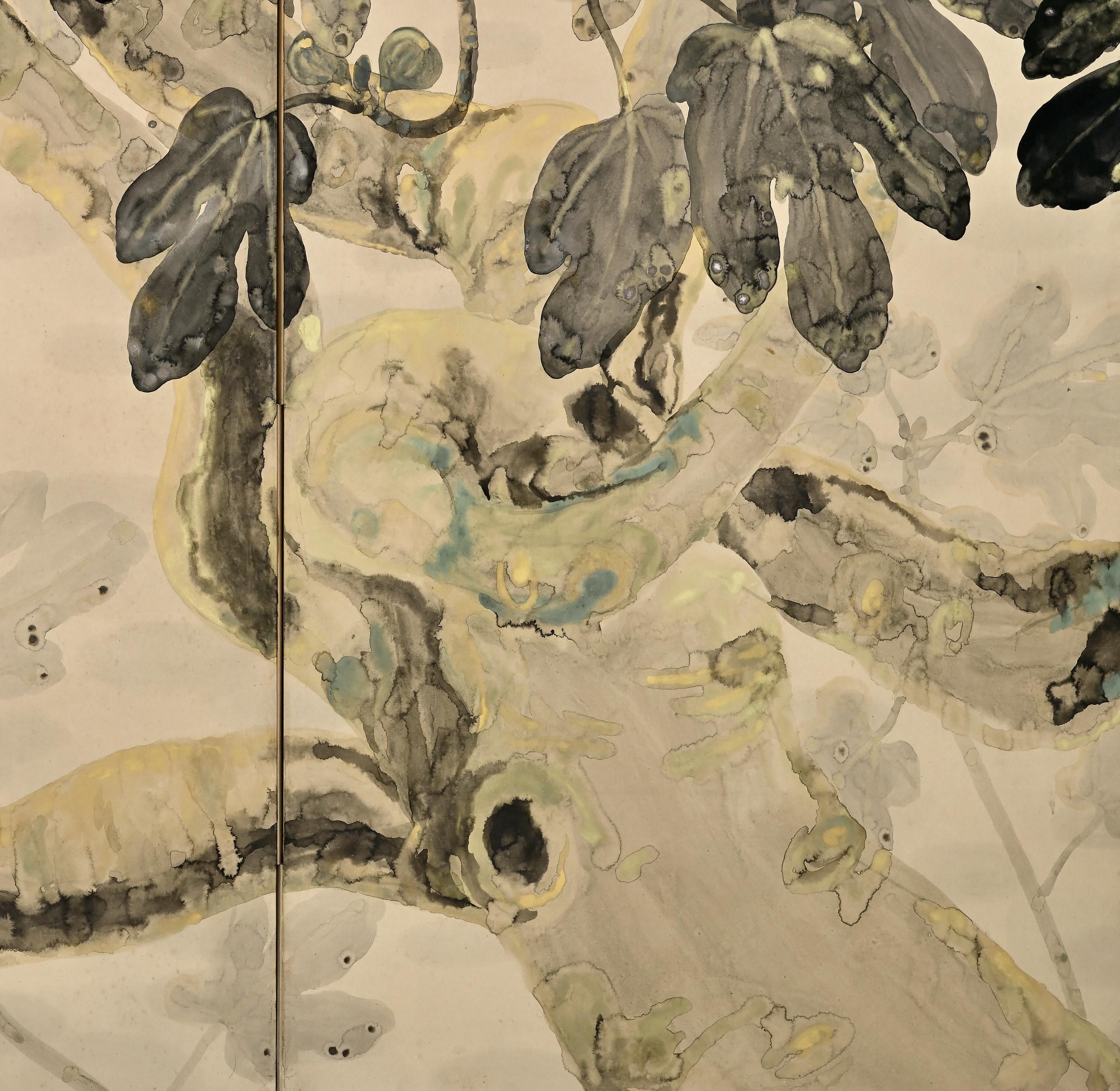 Early 20th Century Japanese Screen Pair, Fig Trees by Hiroe Kashu 'B.1890' For Sale 3