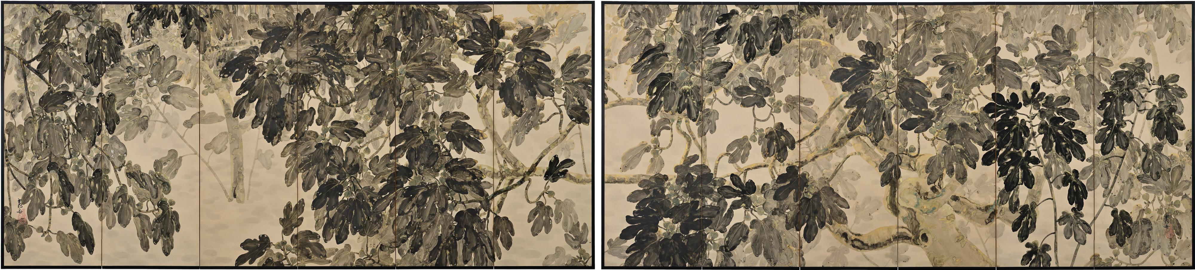 Fig Trees

Hiroe Kashu (b.1890)

Taisho era, circa 1920

Pair of six-fold Japanese screens

Ink, malachite, gold and silver on paper

Dimensions: 

Each Screen measures H. 67’’ x W. 148” (170 cm x 376 cm)

In this major work we are