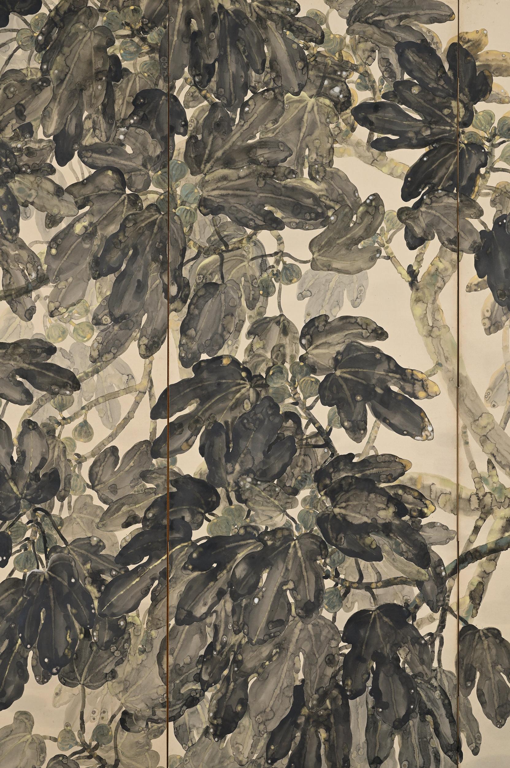 Taisho Early 20th Century Japanese Screen Pair, Fig Trees by Hiroe Kashu 'B.1890' For Sale
