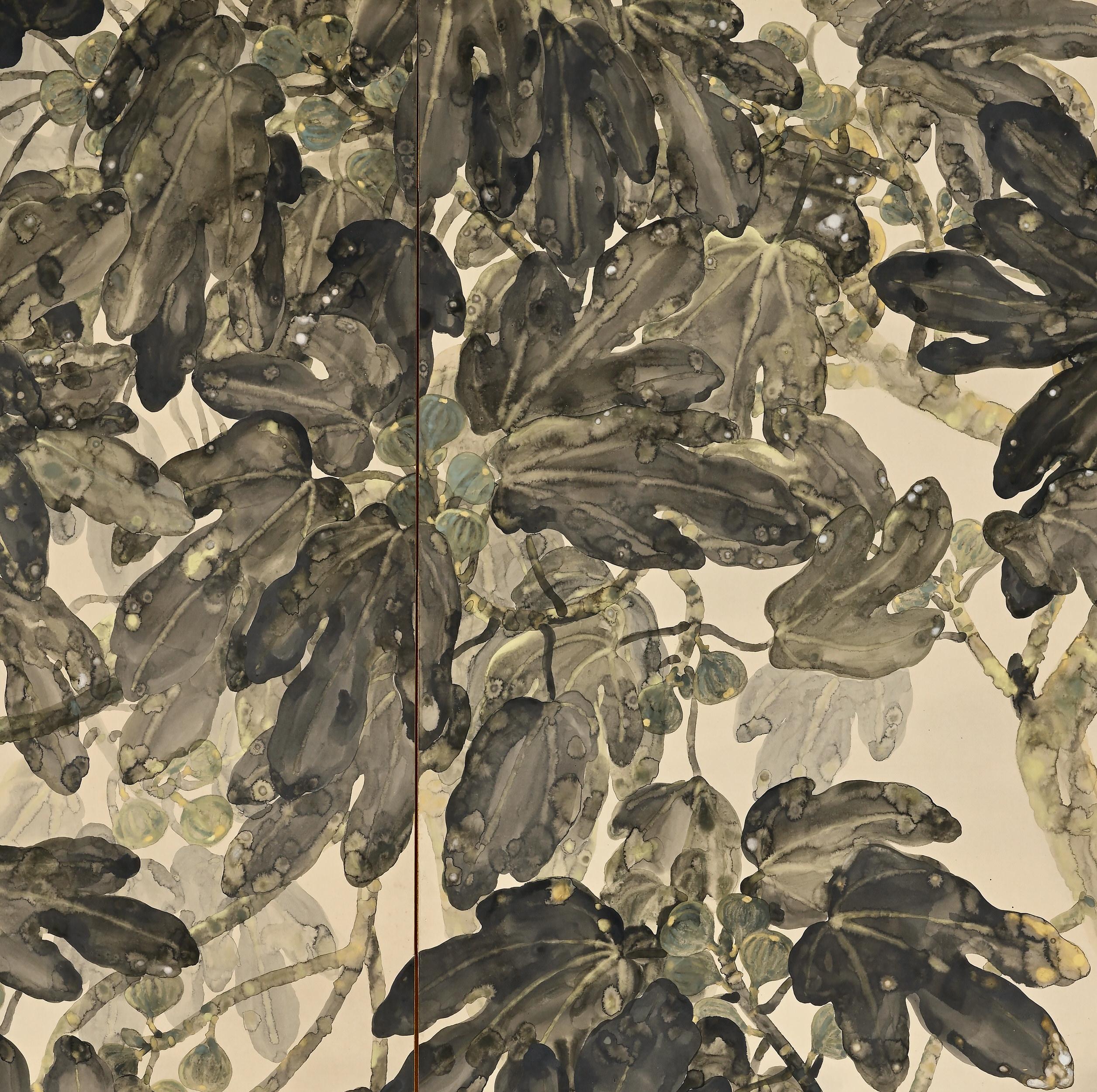 Asian Early 20th Century Japanese Screen Pair, Fig Trees by Hiroe Kashu 'B.1890' For Sale
