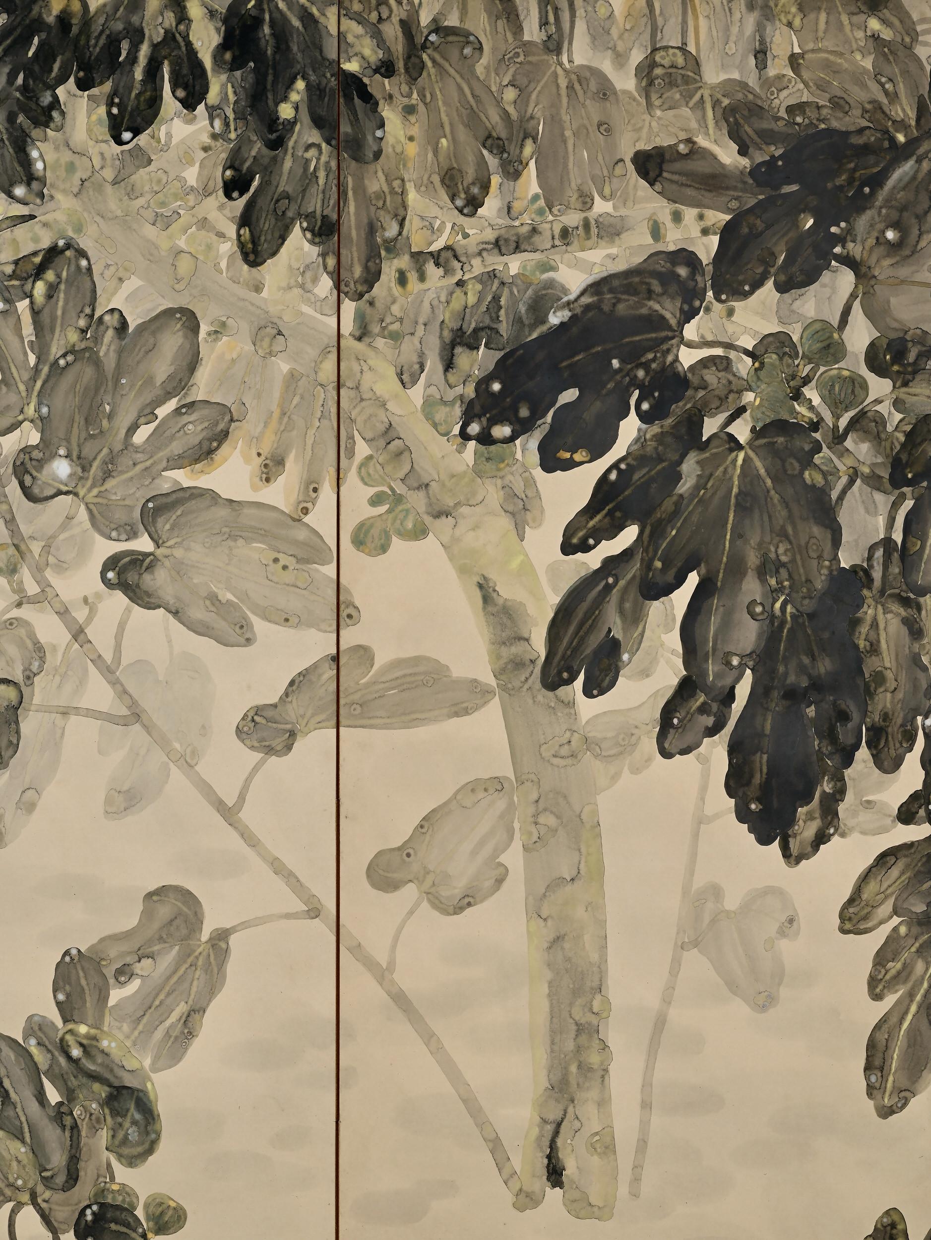 Hand-Painted Early 20th Century Japanese Screen Pair, Fig Trees by Hiroe Kashu 'B.1890' For Sale