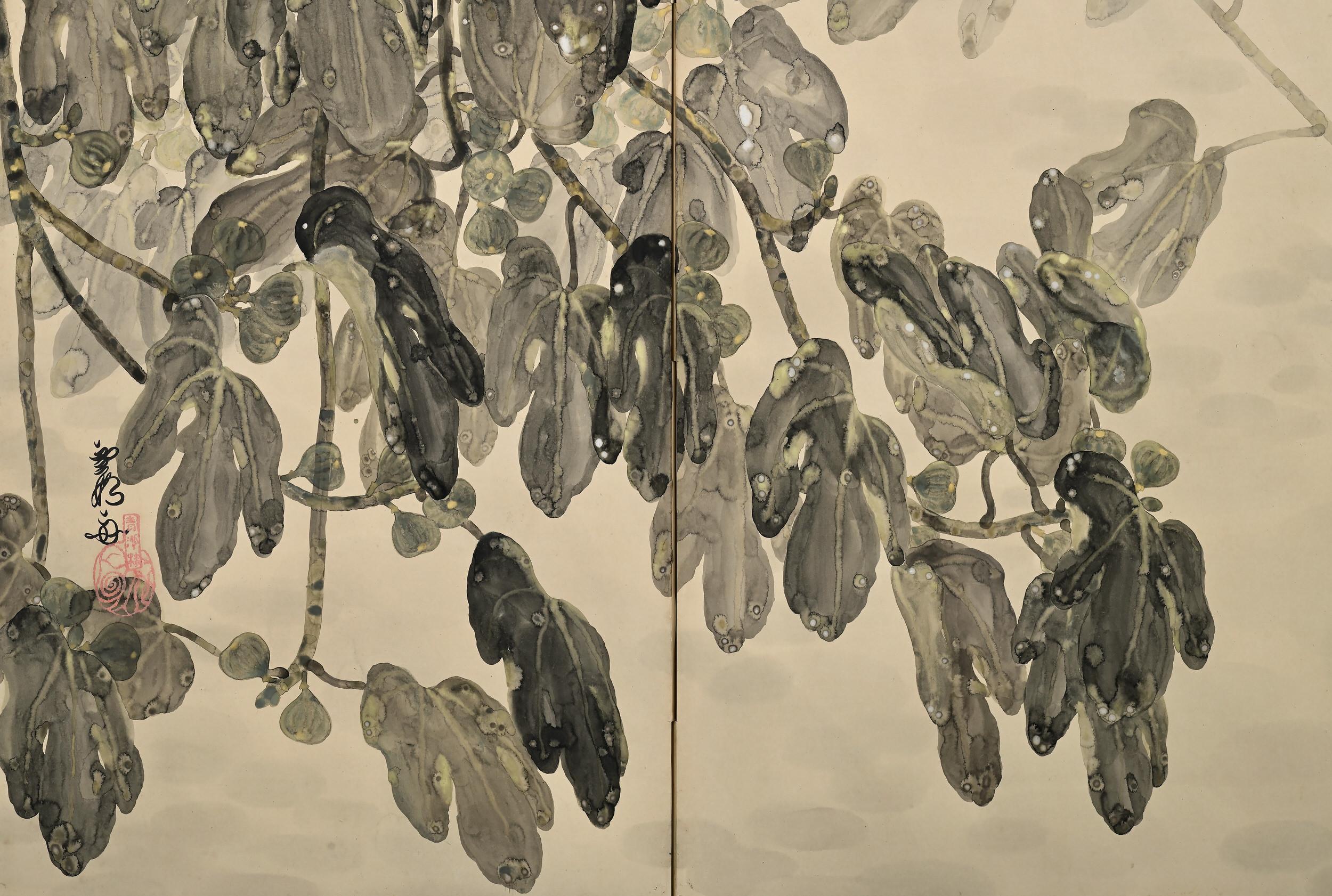 Early 20th Century Japanese Screen Pair, Fig Trees by Hiroe Kashu 'B.1890' In Good Condition In Kyoto, JP