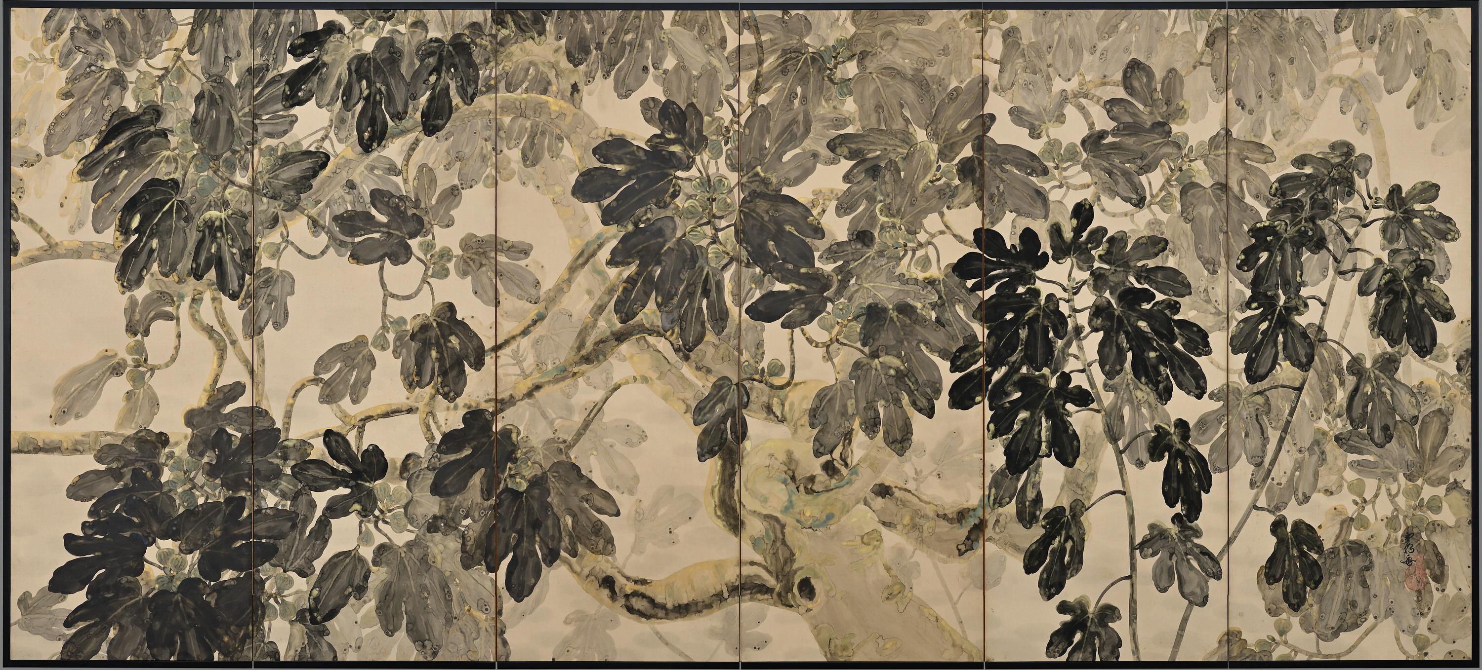 Early 20th Century Japanese Screen Pair, Fig Trees by Hiroe Kashu 'B.1890' For Sale 1