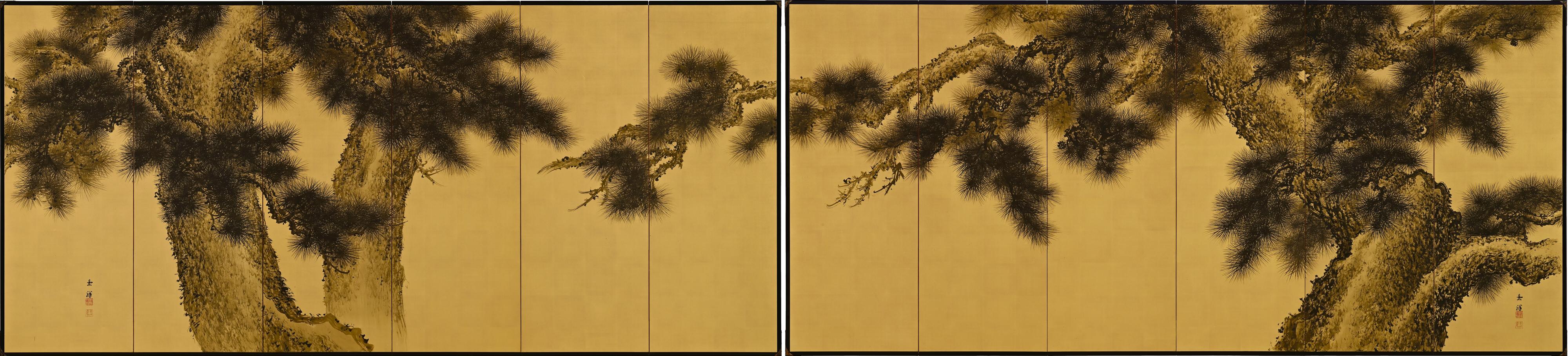 Imao Keisho (1902-1993)

Pine Trees

Early 20th Century, Circa 1930

Pair of six-panel Japanese screens. Ink on silk and gold leaf.

Dimensions: Each screen H. 67.5” x 148” (172 cm x 376 cm)

A pair of monumental six-panel Japanese pine screens by