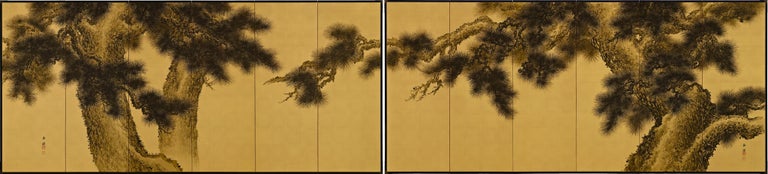 Imai Keiju (1891-1967)

Pine Trees

Early 20th Century, Circa 1930

Pair of six-panel Japanese screens. Ink on silk and gold leaf.

Dimensions: Each screen H. 67.5” x 148” (172 cm x 376 cm)

A pair of monumental six-panel Japanese pine